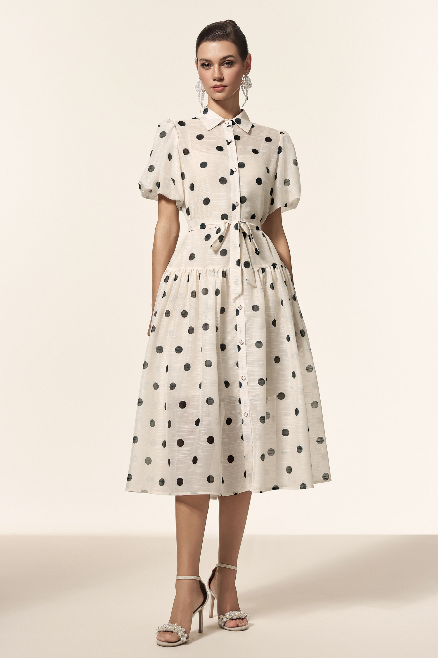 Kiera Lapel Dot Printed Puff Sleeves Midi Dress