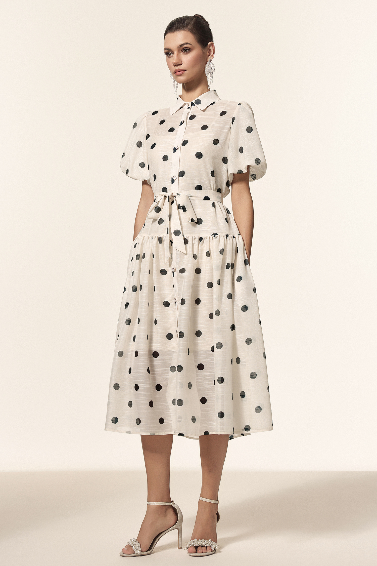 Kiera Lapel Dot Printed Puff Sleeves Midi Dress