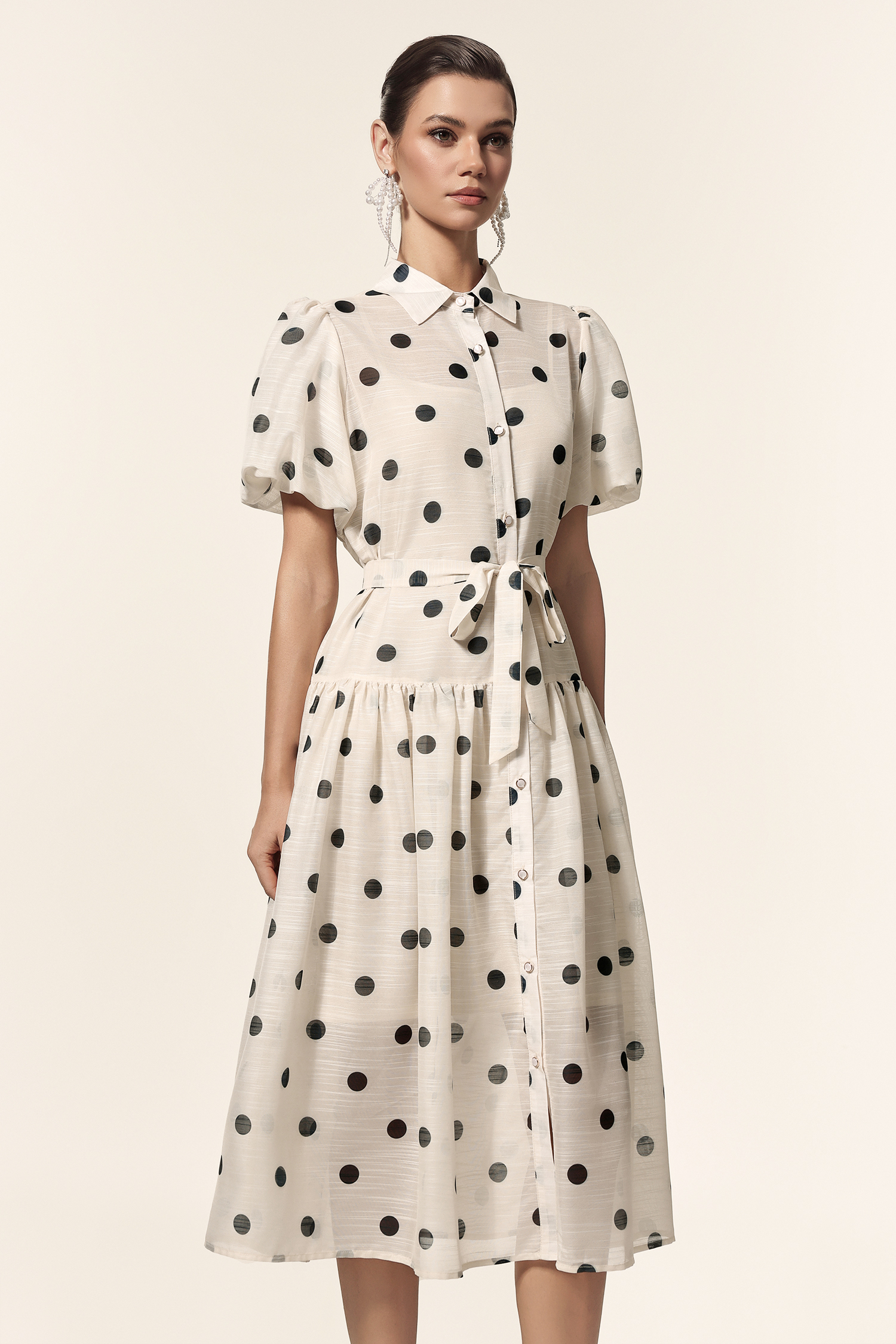 Kiera Lapel Dot Printed Puff Sleeves Midi Dress