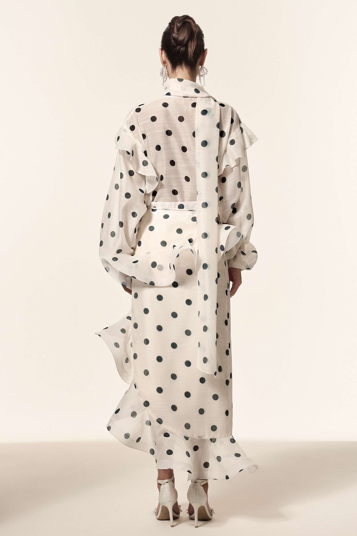 Vleah Streamer Long Sleeves Dot Printed Asymmetric Folds Midi Dress