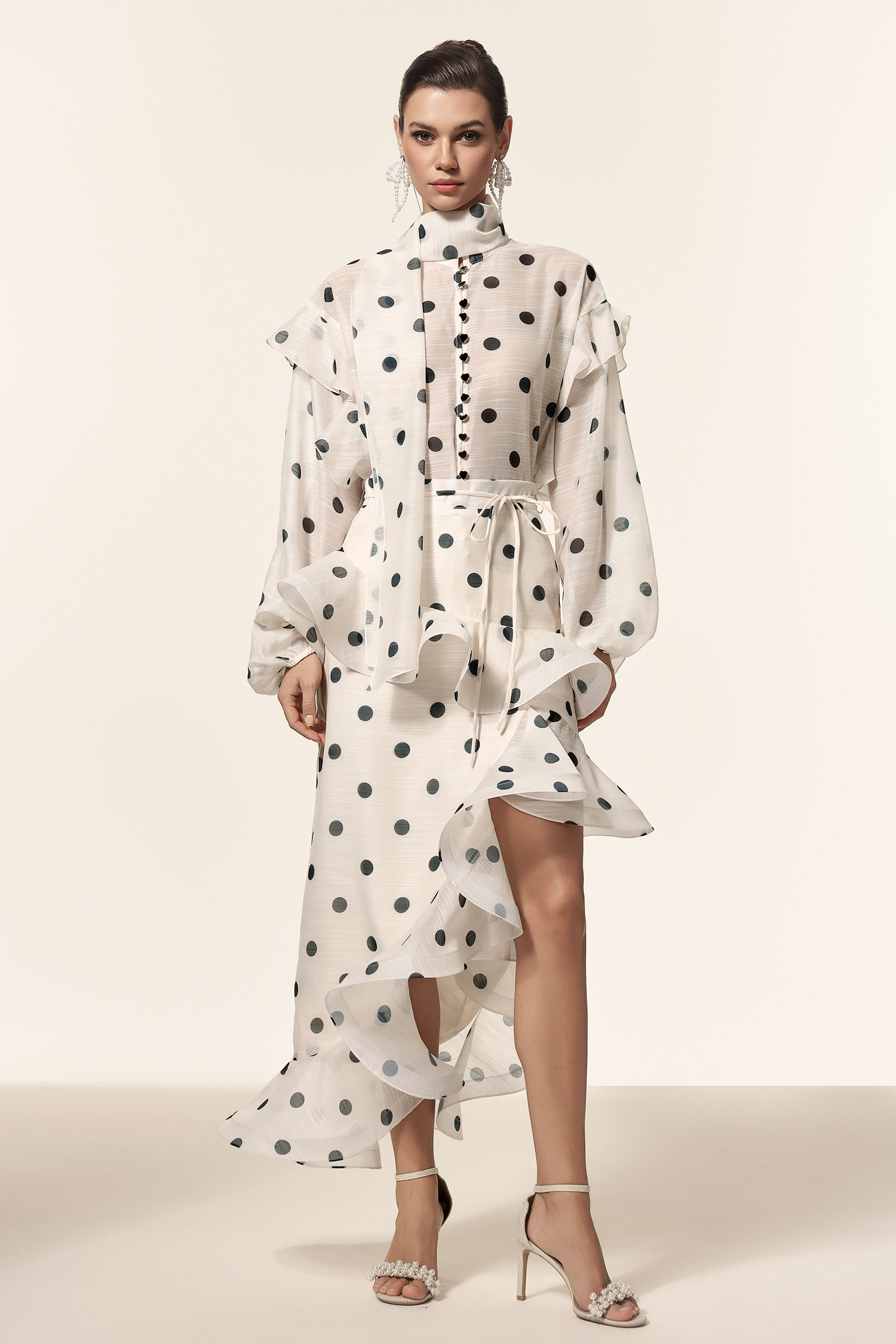 Vleah Streamer Long Sleeves Dot Printed Asymmetric Folds Midi Dress