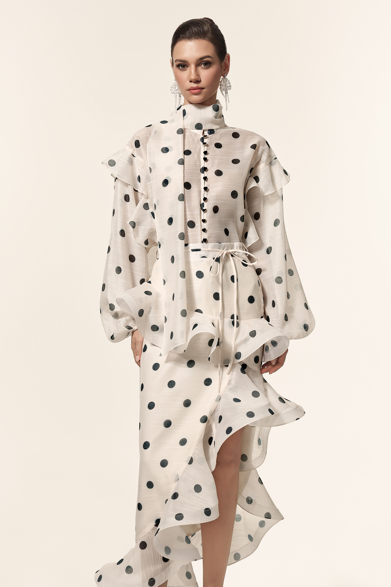 Vleah Streamer Long Sleeves Dot Printed Asymmetric Folds Midi Dress