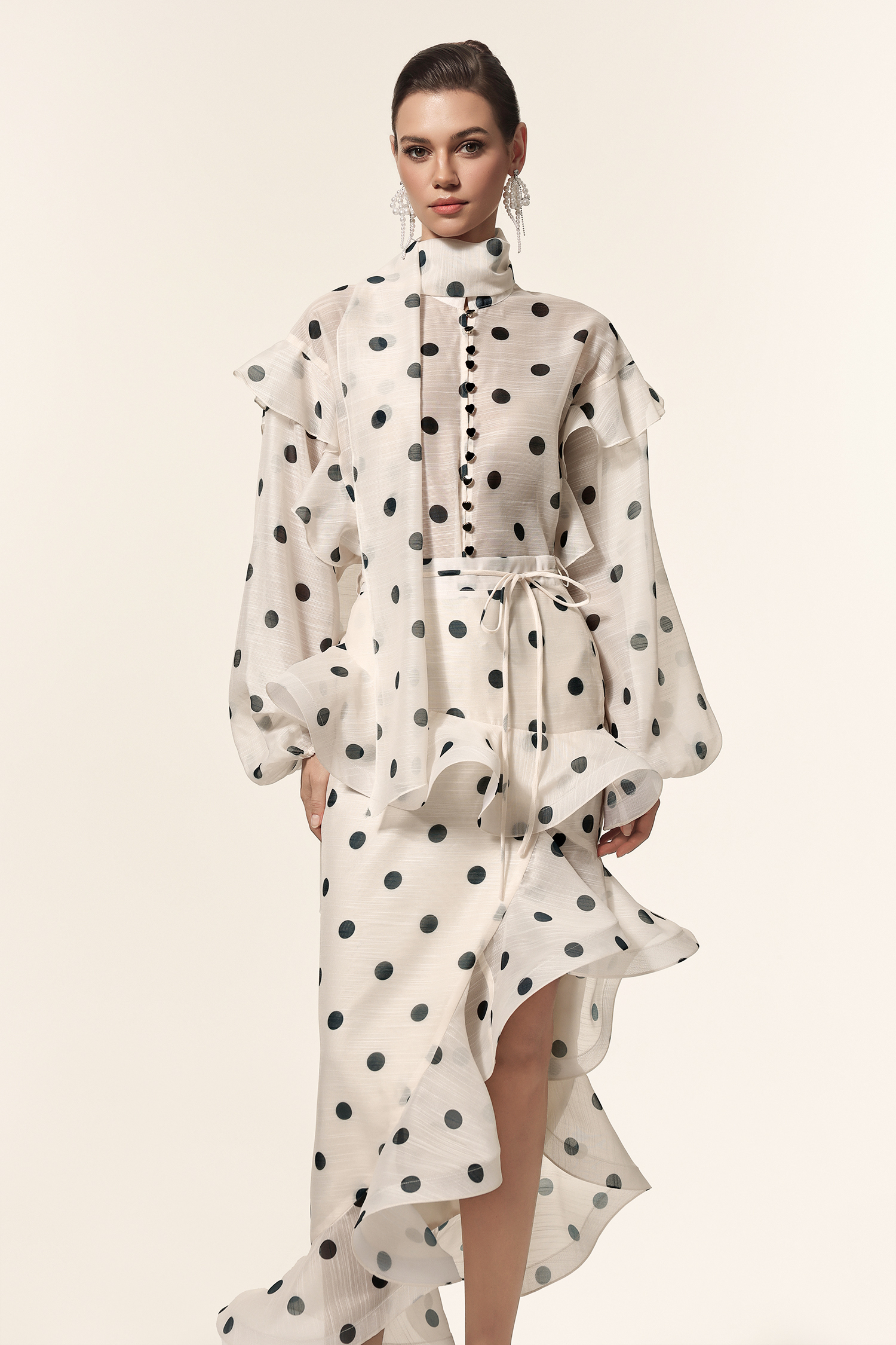 Vleah Streamer Long Sleeves Dot Printed Asymmetric Folds Midi Dress