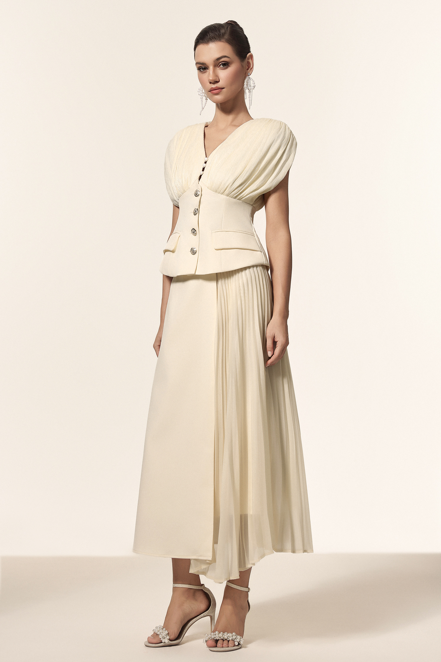 Harli V-Neck Sleeveless Folds Top And Skirt Two-Piece Set