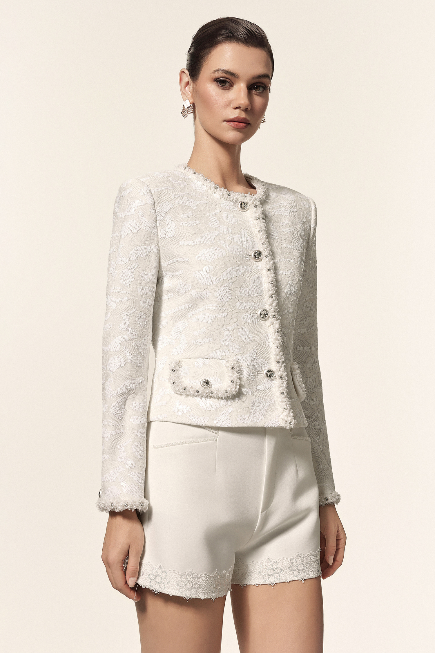 Parry Round Neck Long Sleeves Jacquard Sequin Embroidery Flowers Top And Shorts Two-Piece Set