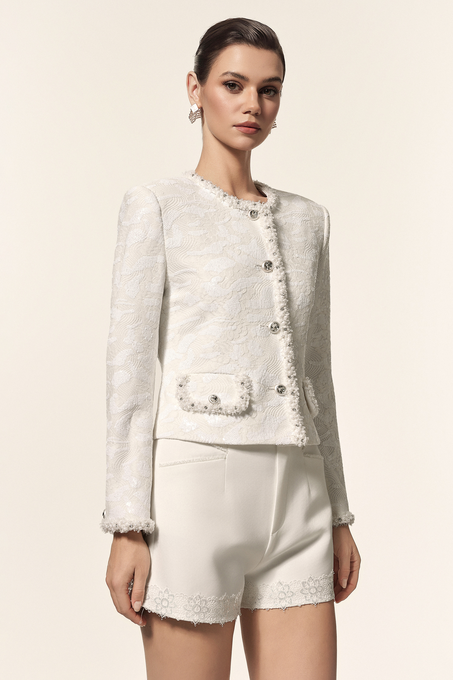 Parry Round Neck Long Sleeves Jacquard Sequin Embroidery Flowers Top And Shorts Two-Piece Set