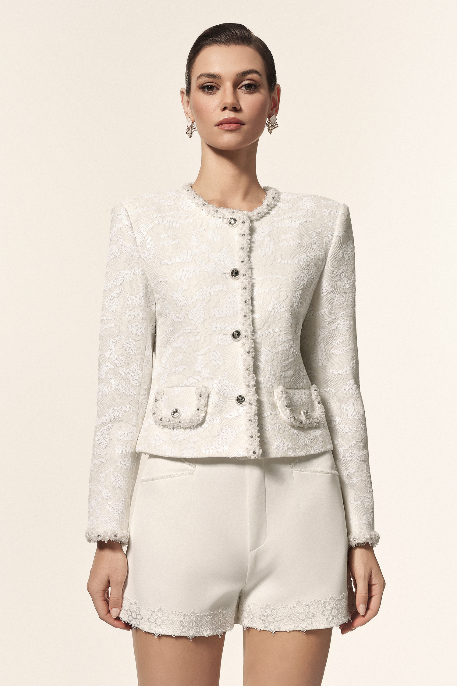 Parry Round Neck Long Sleeves Jacquard Sequin Embroidery Flowers Top And Shorts Two-Piece Set