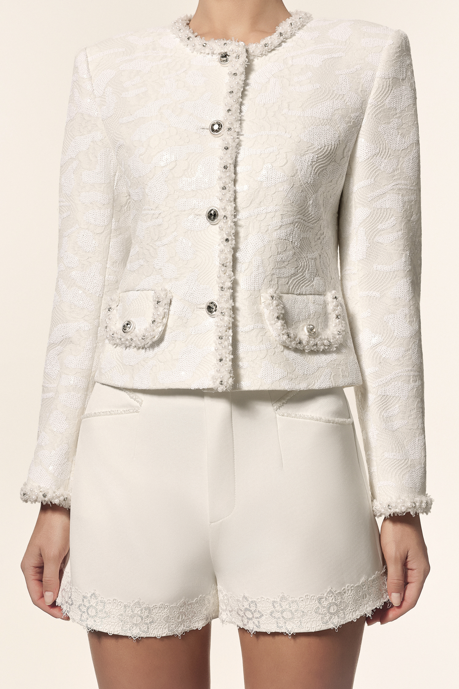 Parry Round Neck Long Sleeves Jacquard Sequin Embroidery Flowers Top And Shorts Two-Piece Set