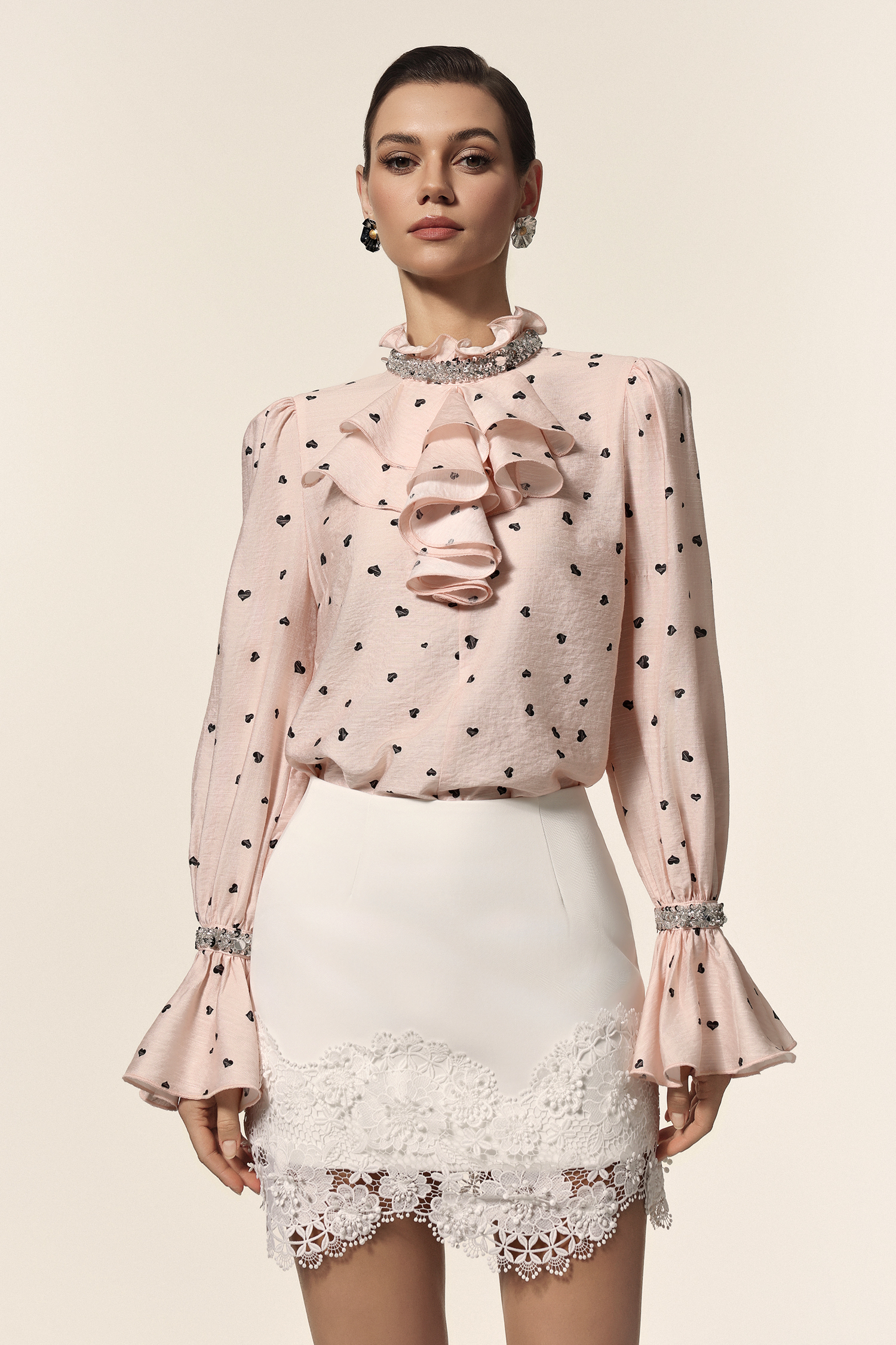 Krome Folds Dot Printed Sequin Lace Top And Skirt Two-Piece Set