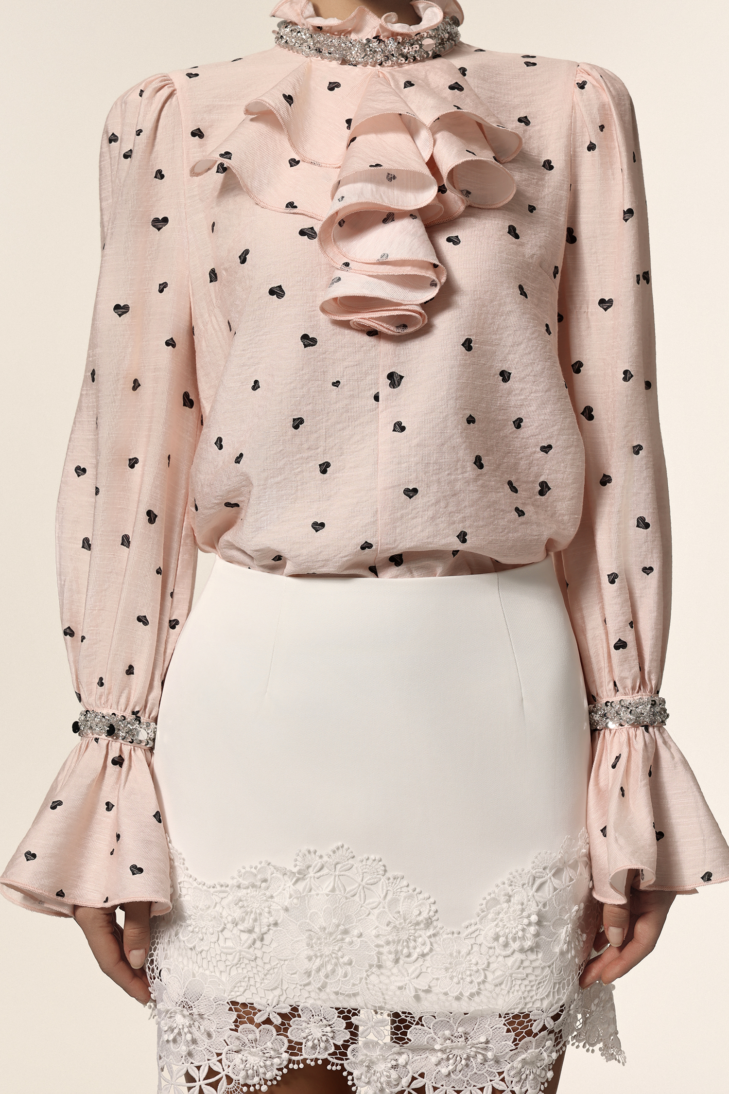 Krome Folds Dot Printed Sequin Lace Top And Skirt Two-Piece Set