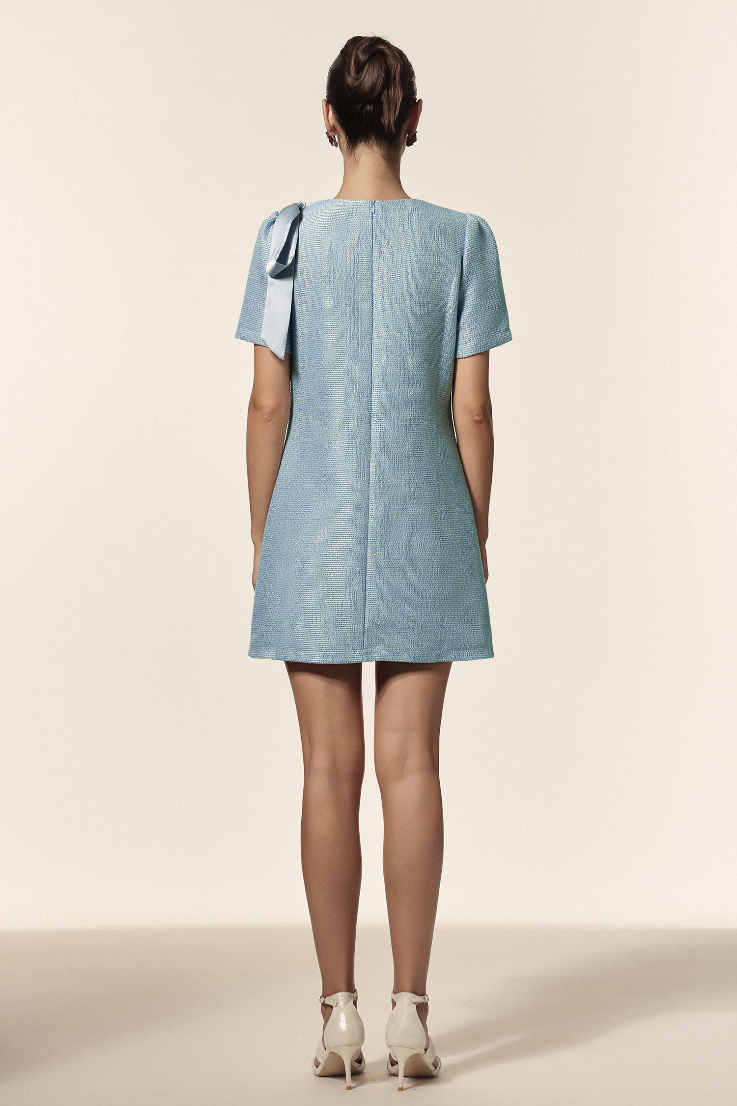 Susel Round Neck Short Sleeves Flowers Bowknot Mini Dress