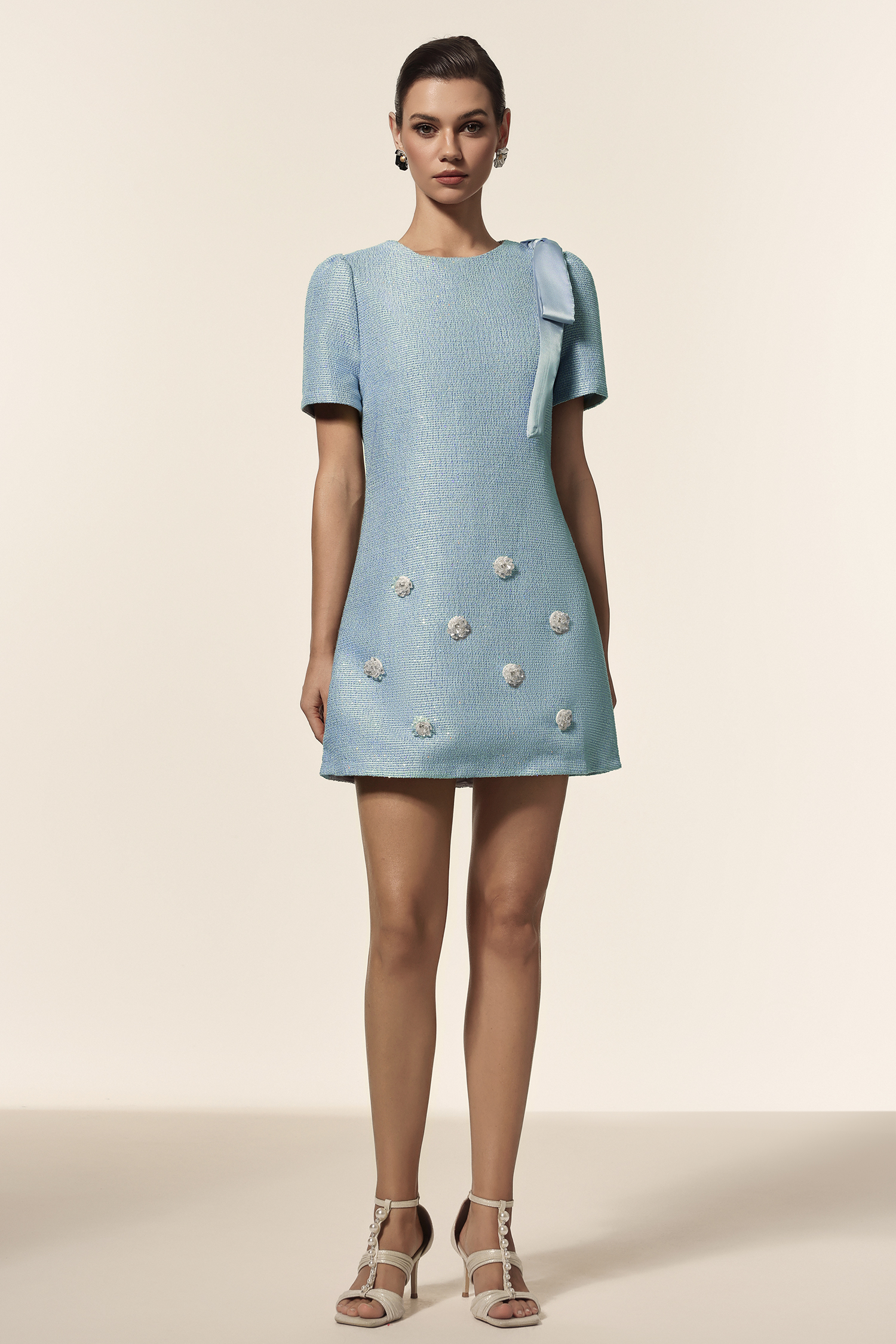 Susel Round Neck Short Sleeves Flowers Bowknot Mini Dress