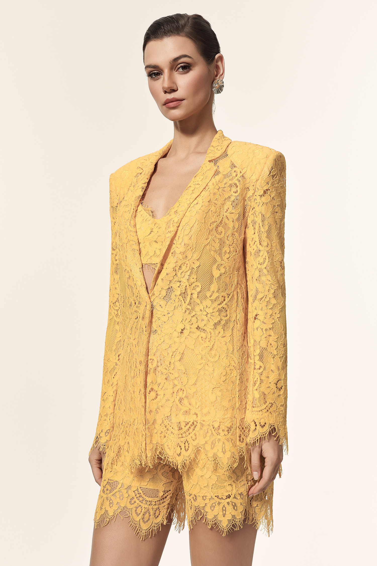 Rosee Halter Long Sleeves Lace Coat And Shorts Three-Piece Set