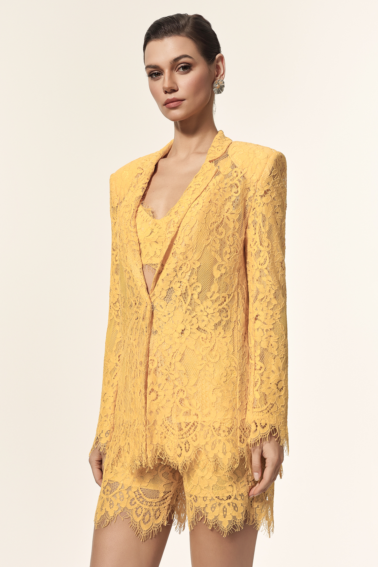 Rosee Halter Long Sleeves Lace Coat And Shorts Three-Piece Set