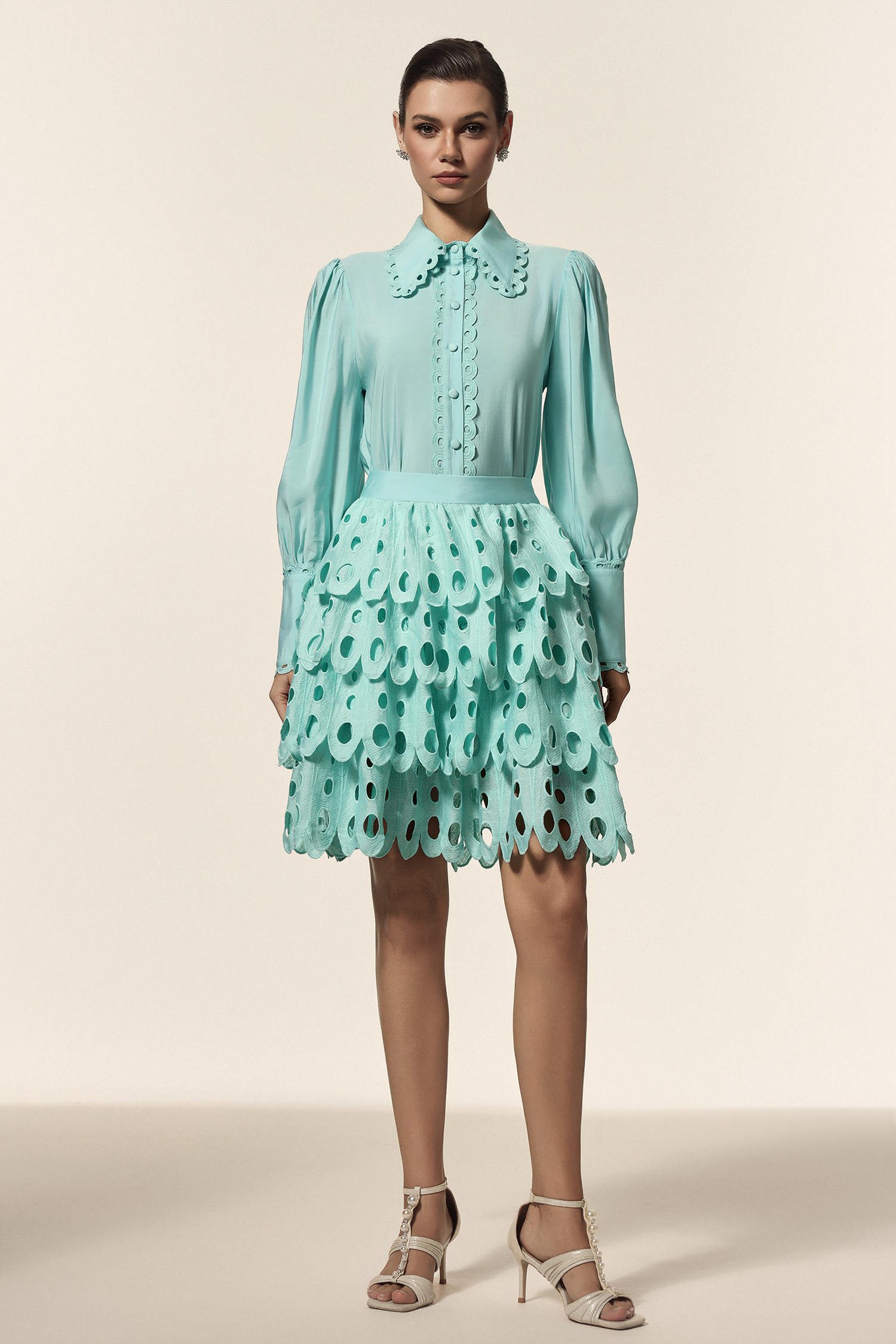 Hainsley Lapel Long Sleeves Folds Top And Skirt Two-Piece Set