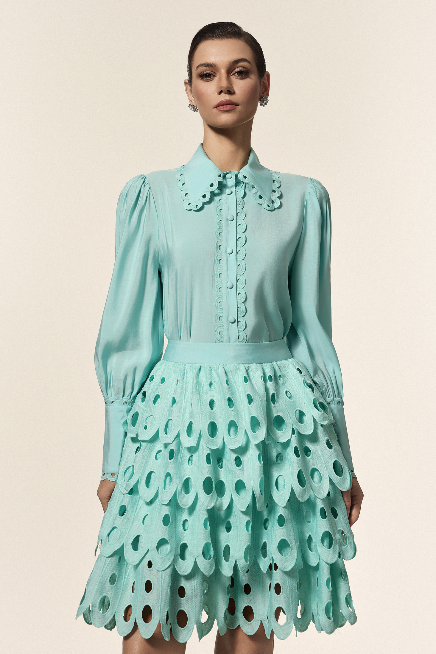 Hainsley Lapel Long Sleeves Folds Top And Skirt Two-Piece Set