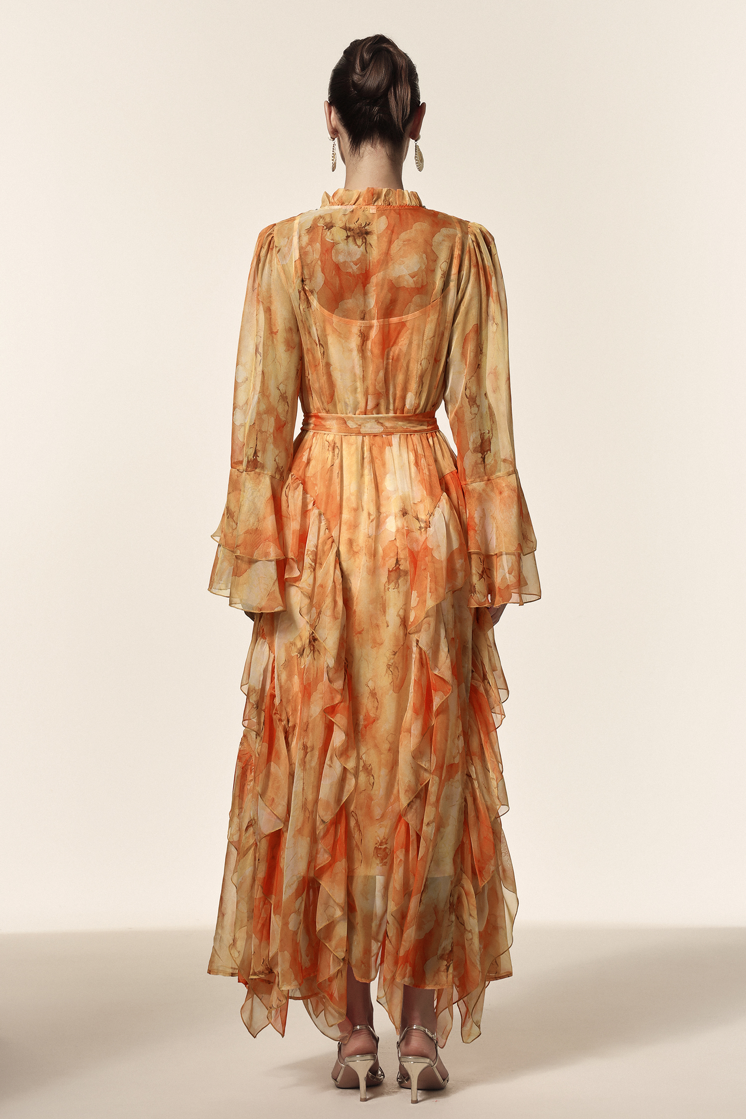 Kaliana V-Neck Long Sleeves Floral Printed Diamond Folds Maxi Dress