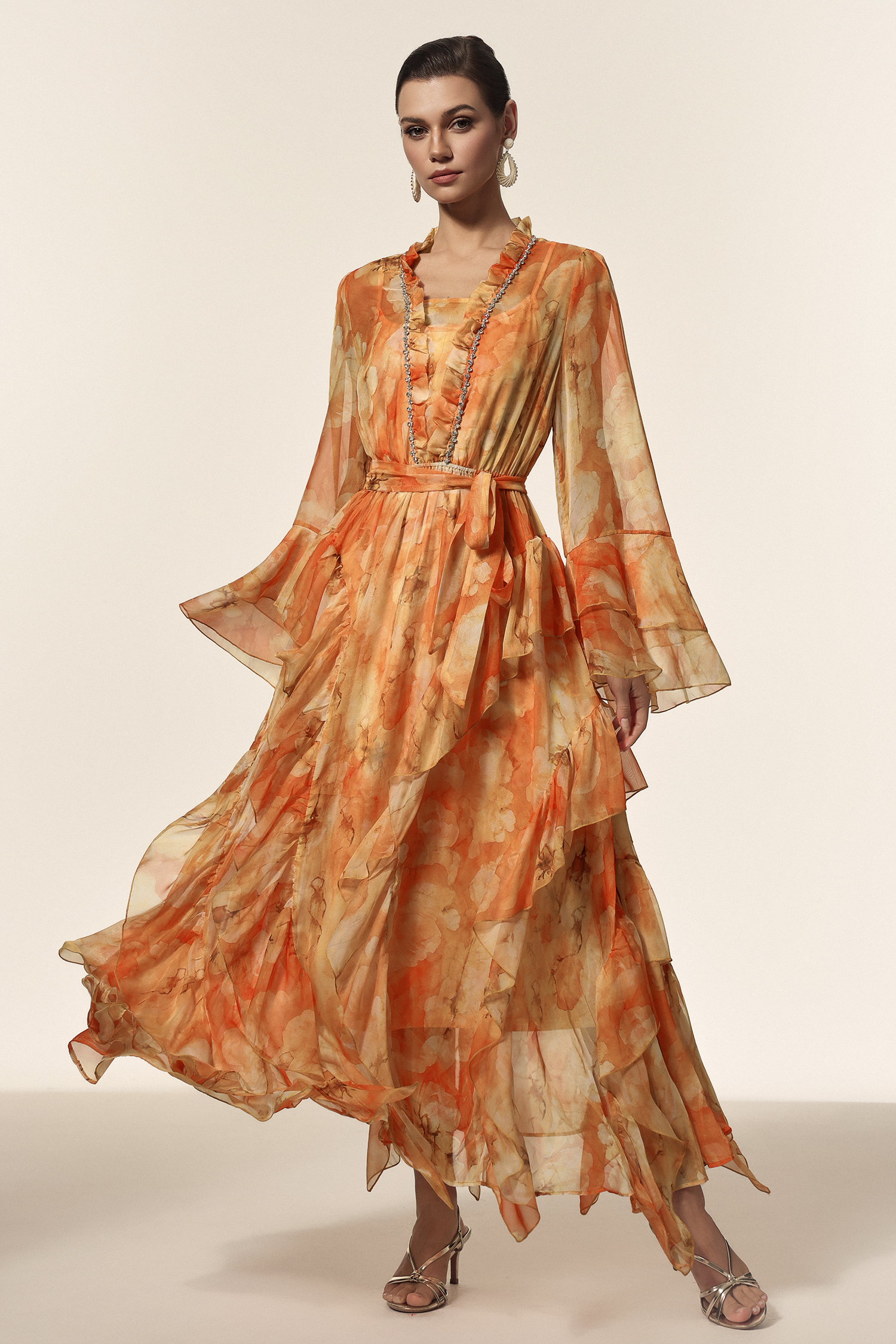 Kaliana V-Neck Long Sleeves Floral Printed Diamond Folds Maxi Dress