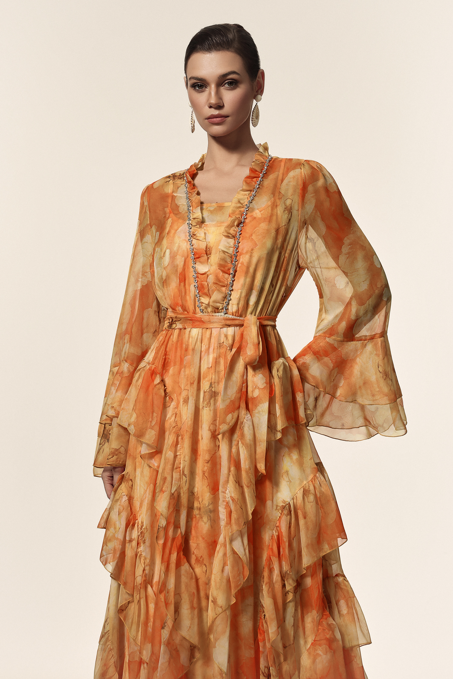 Kaliana V-Neck Long Sleeves Floral Printed Diamond Folds Maxi Dress