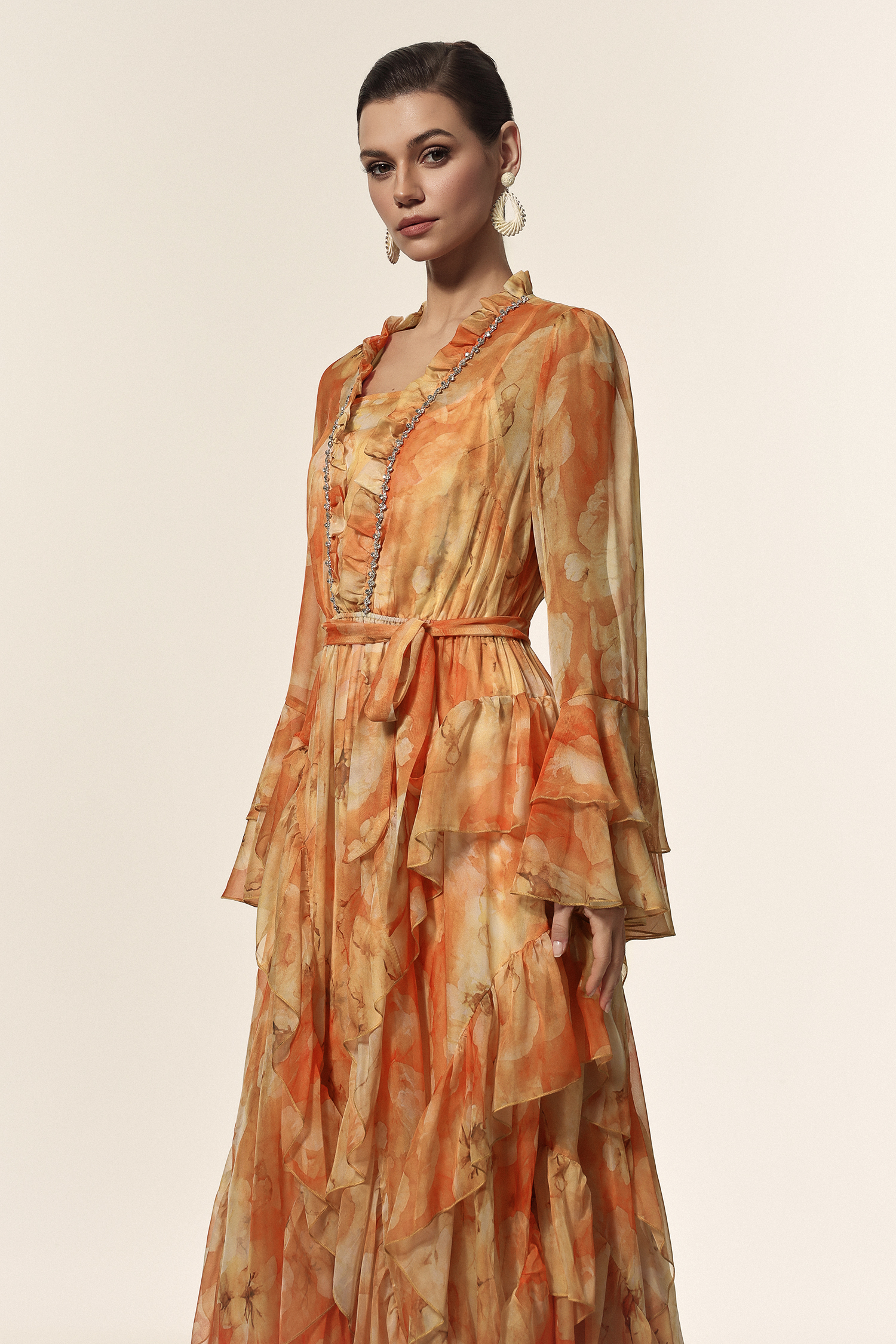 Kaliana V-Neck Long Sleeves Floral Printed Diamond Folds Maxi Dress