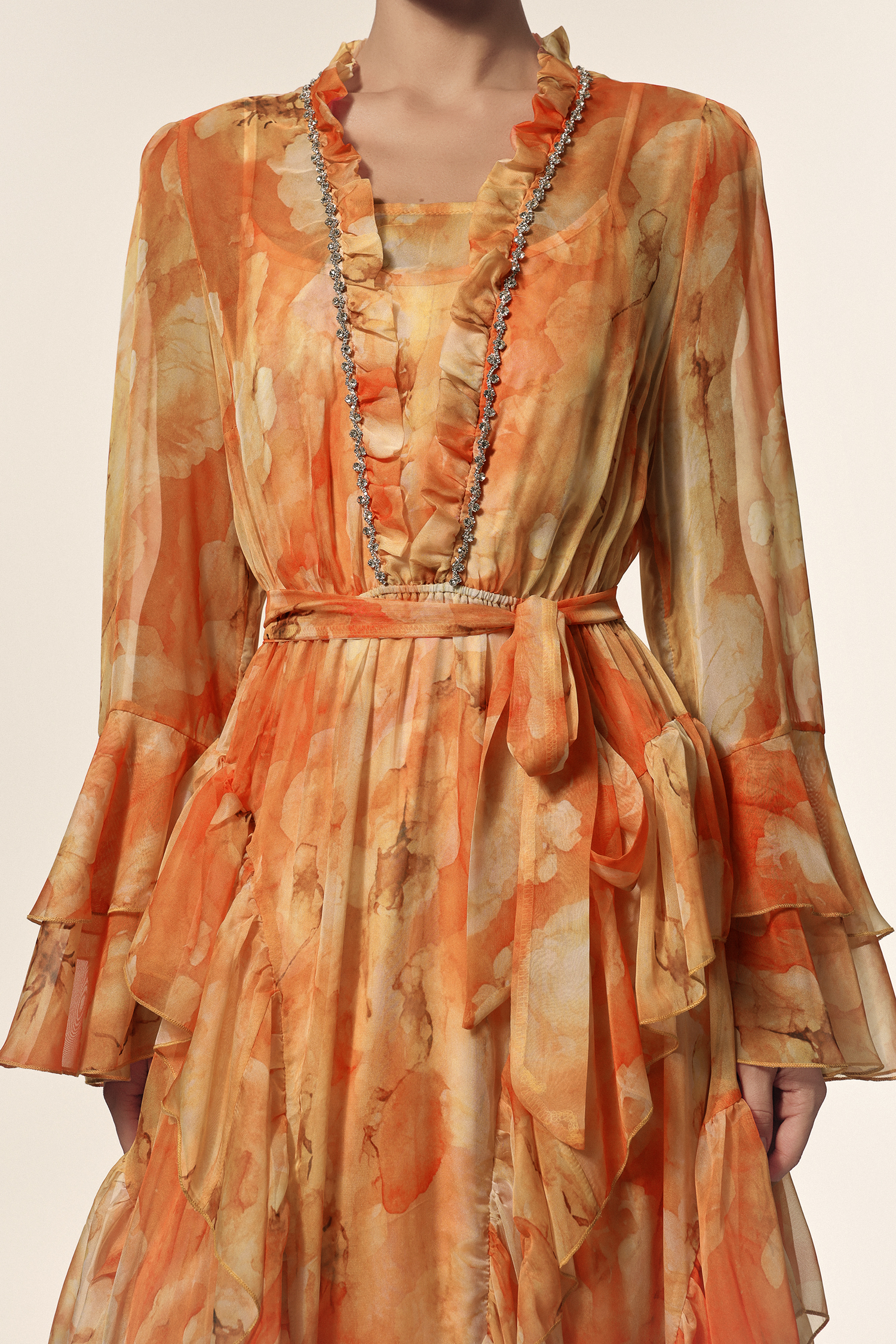 Kaliana V-Neck Long Sleeves Floral Printed Diamond Folds Maxi Dress