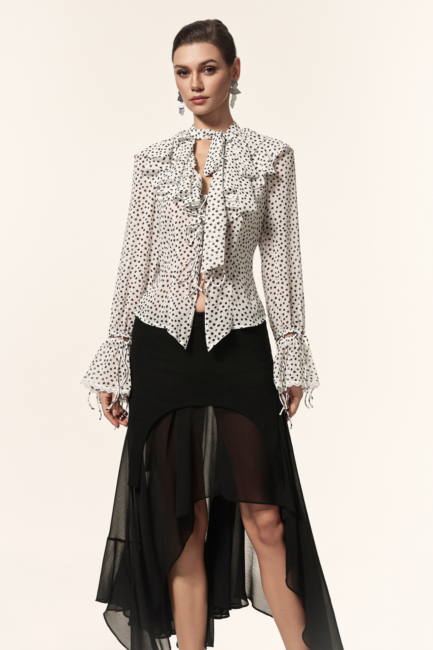 Lzada V-Neck Long Sleeves Folds Dot Printed Top