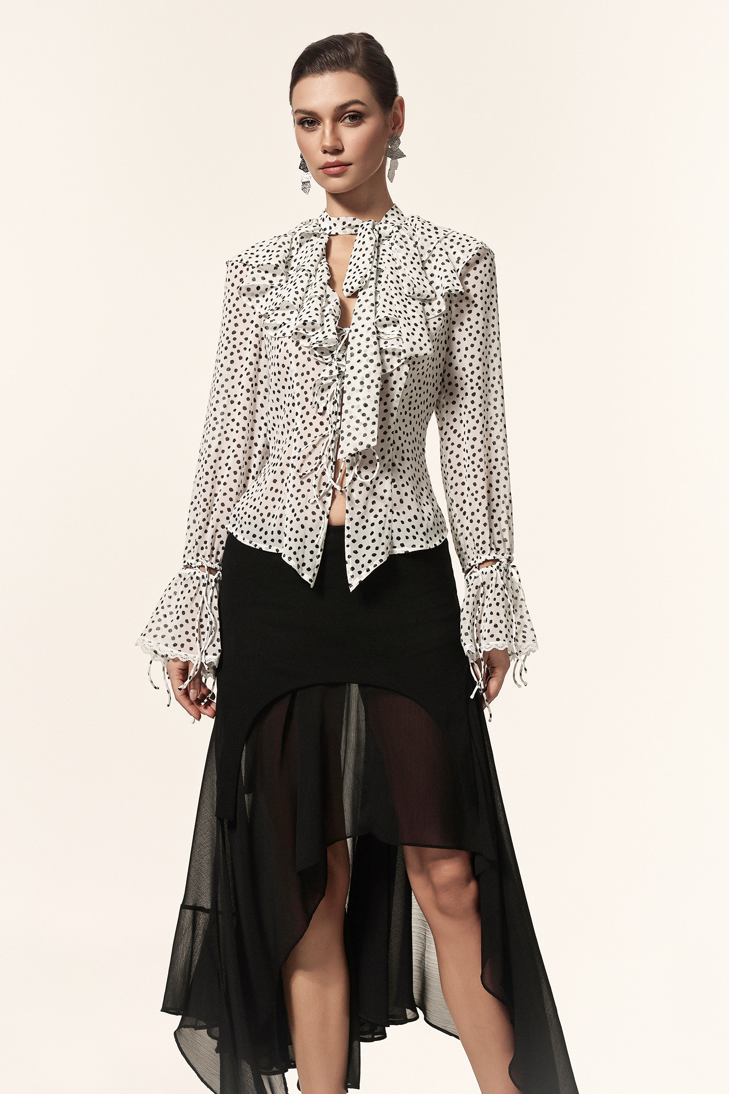 Lzada V-Neck Long Sleeves Folds Dot Printed Top