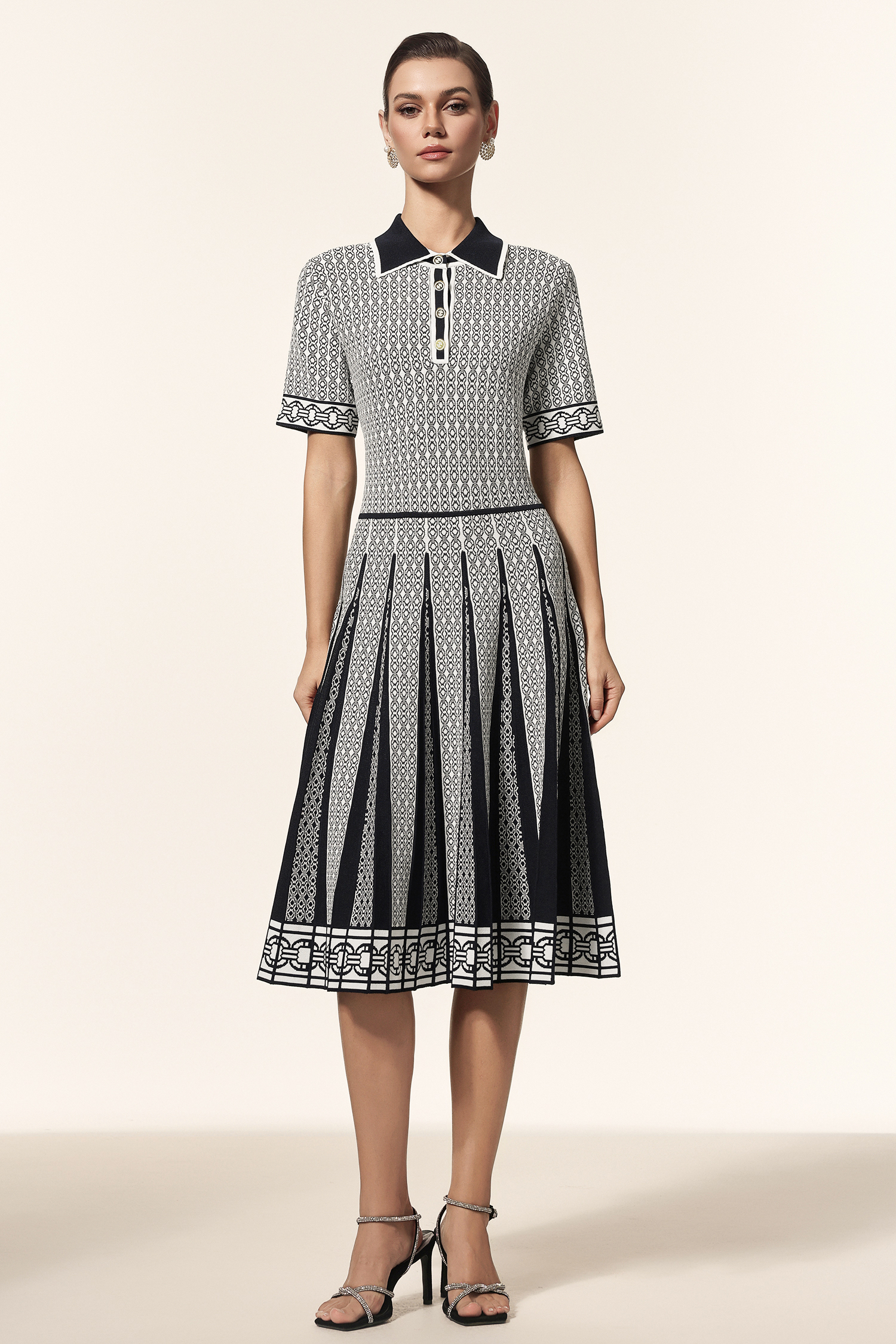 Reye Lapel Short Sleeves Jacquard Folds Mini Dress