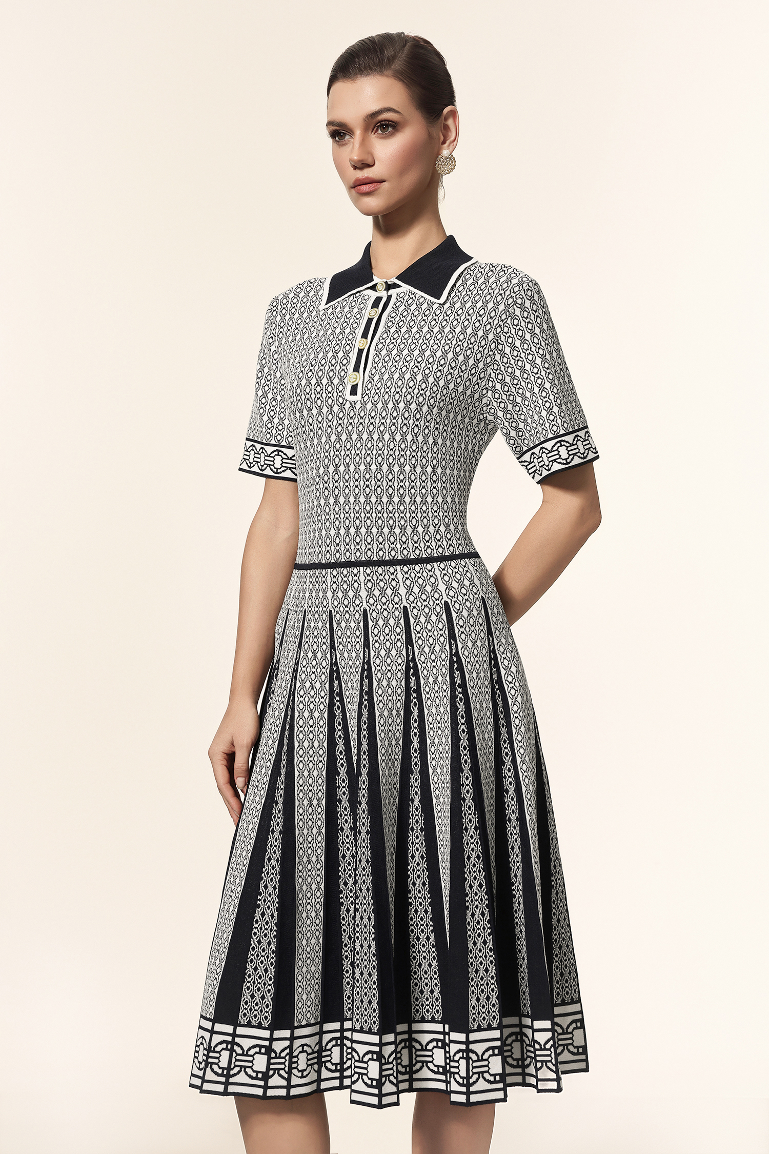 Reye Lapel Short Sleeves Jacquard Folds Mini Dress