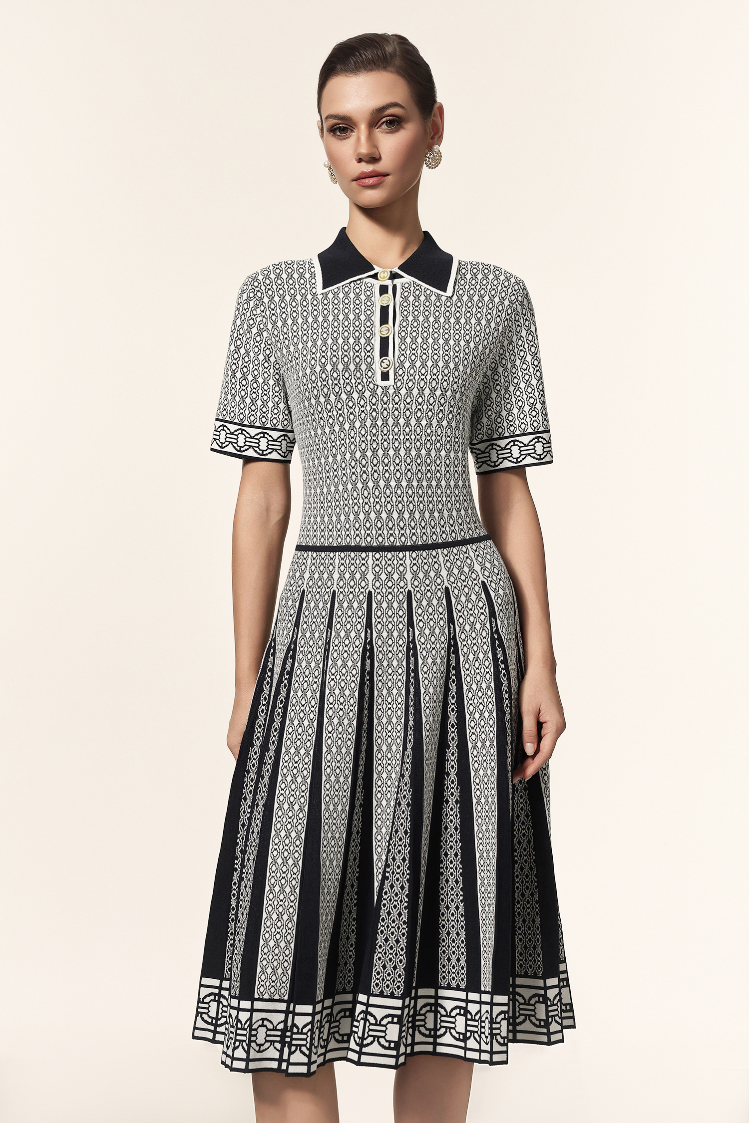 Reye Lapel Short Sleeves Jacquard Folds Mini Dress