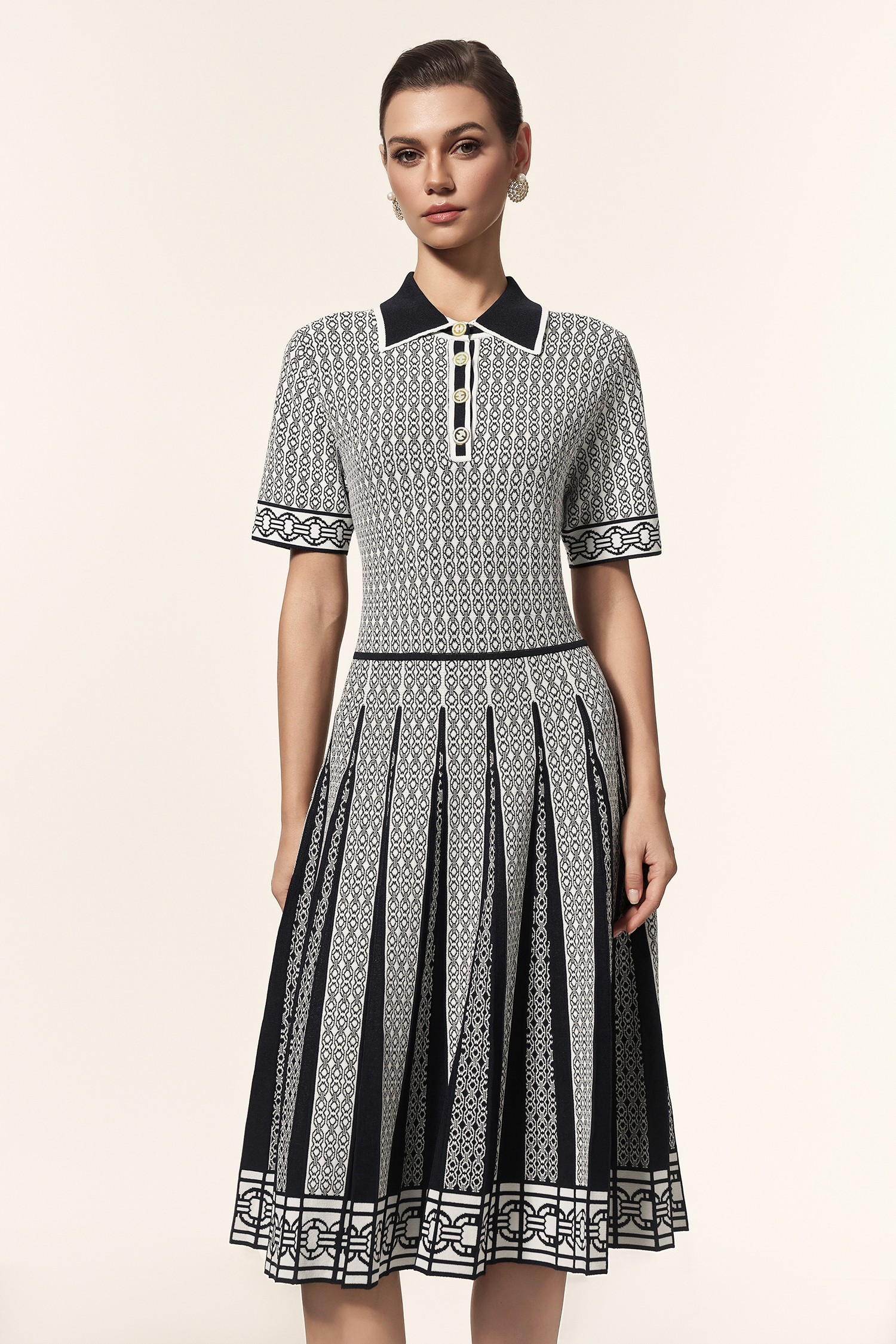 Reye Lapel Short Sleeves Jacquard Folds Mini Dress