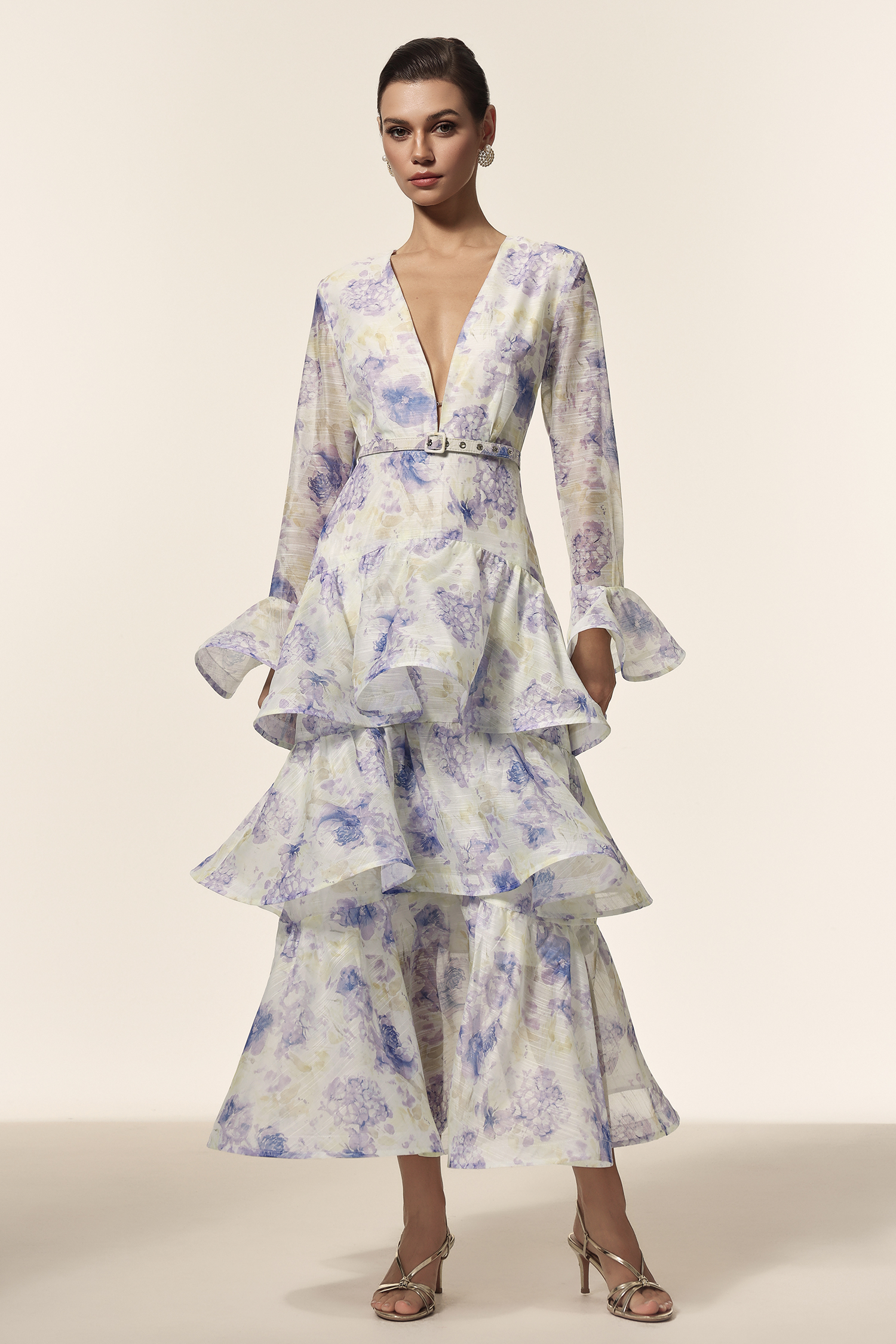 Elsa Deep-V Long Sleeves Floral Printed Maxi Dress