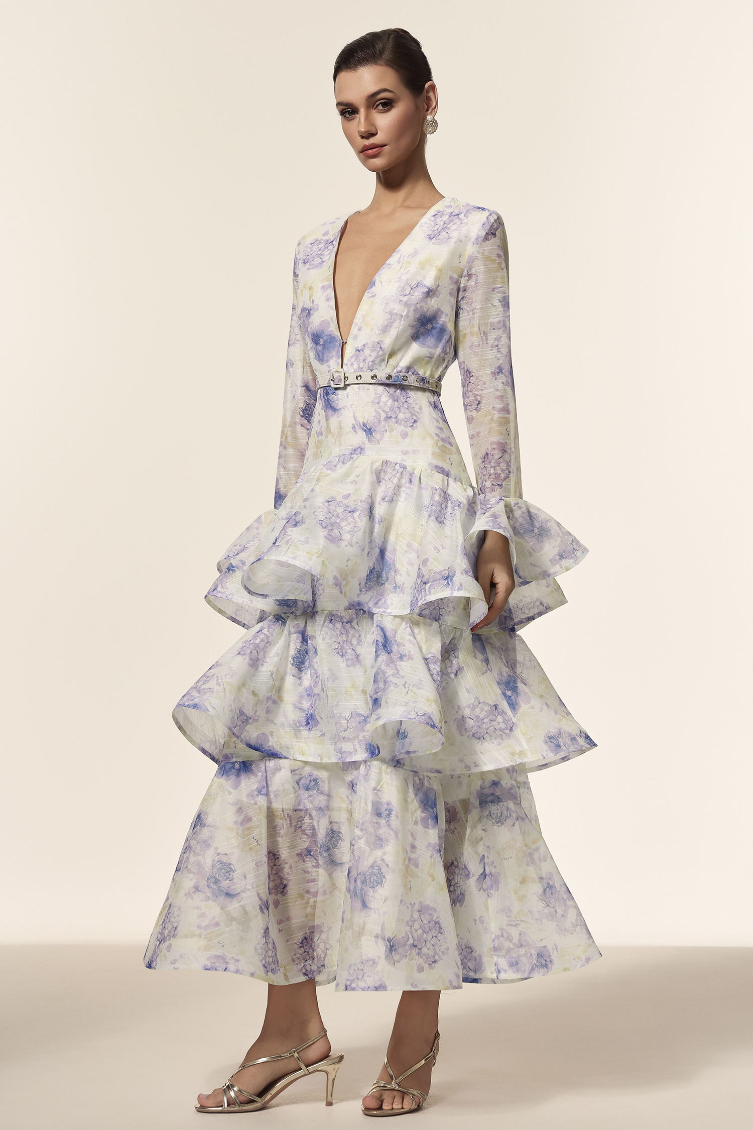Elsa Deep-V Long Sleeves Floral Printed Maxi Dress