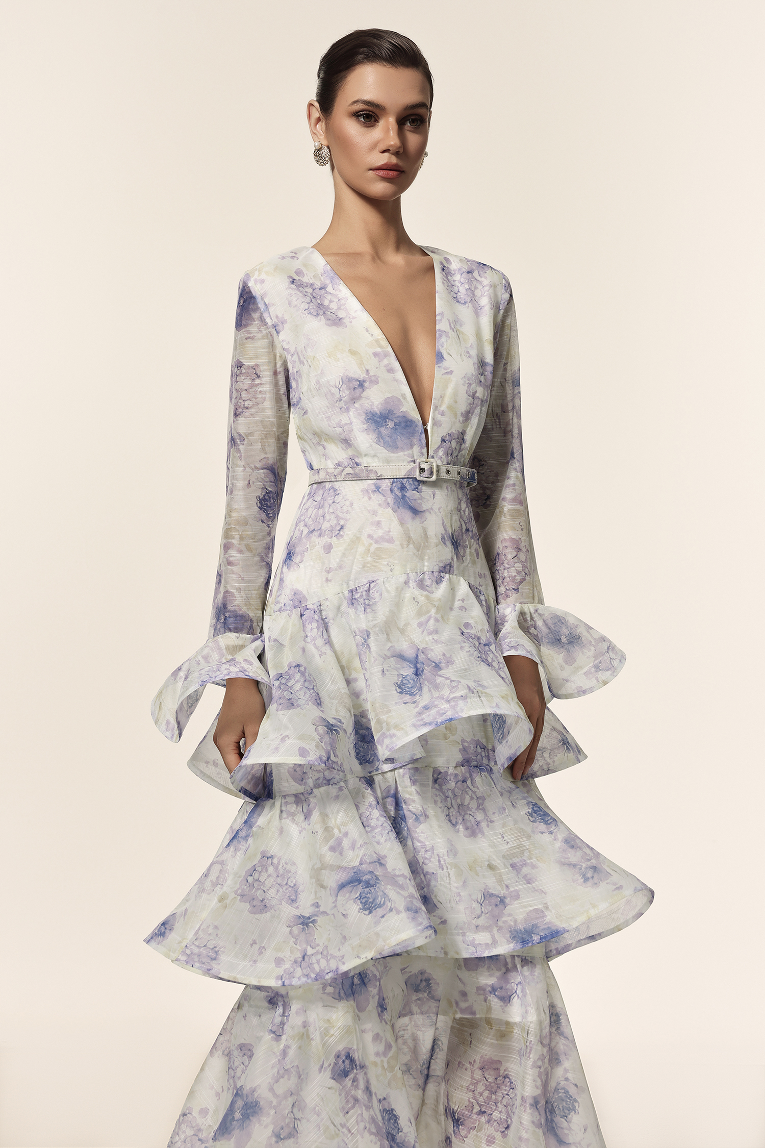 Elsa Deep-V Long Sleeves Floral Printed Maxi Dress
