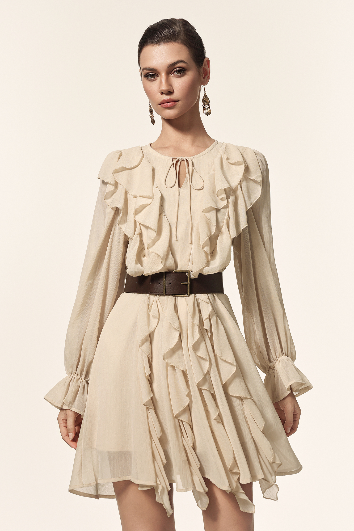 Kavaza Round Neck Long Sleeves Folds Mini Dress