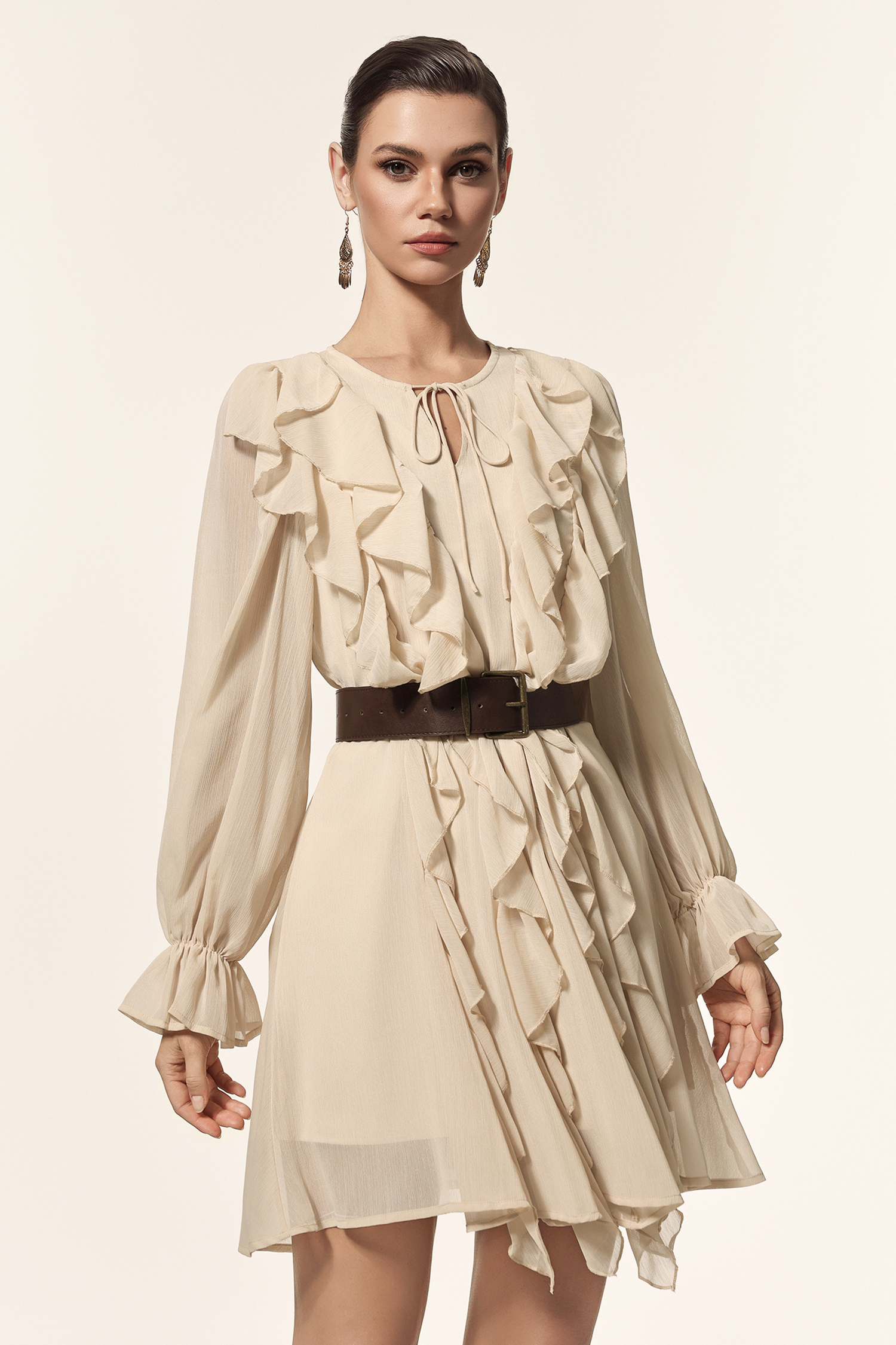 Kavaza Round Neck Long Sleeves Folds Mini Dress