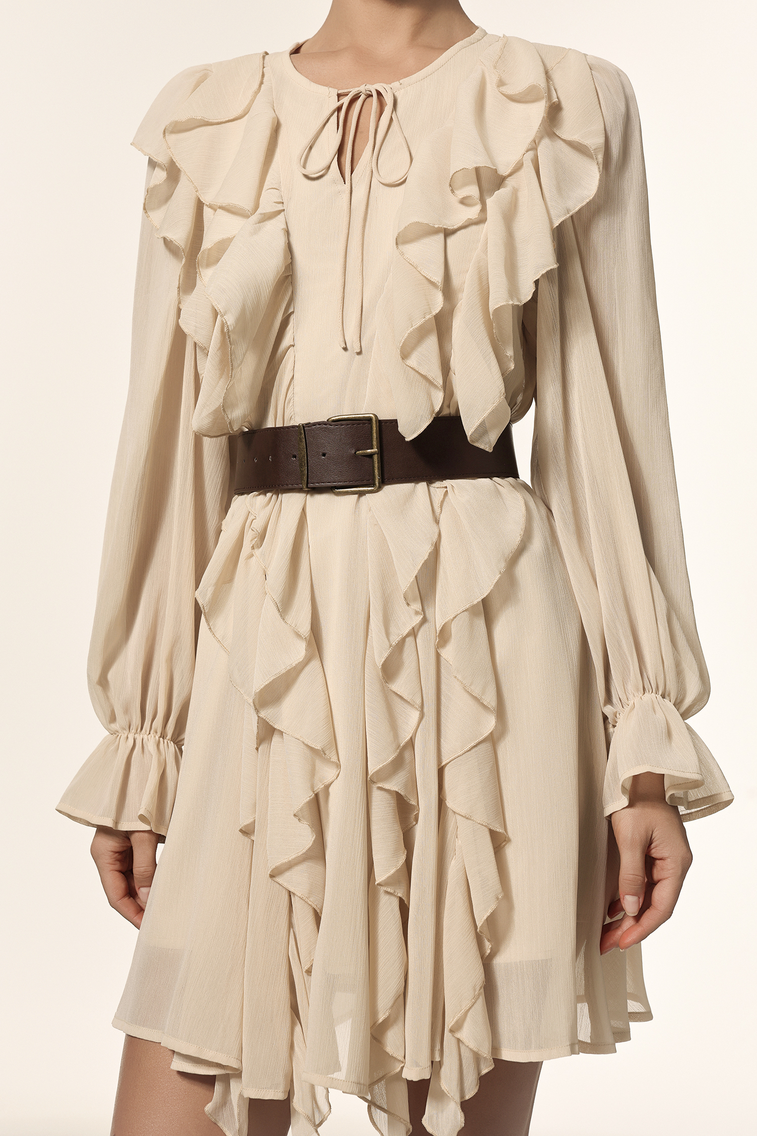 Kavaza Round Neck Long Sleeves Folds Mini Dress