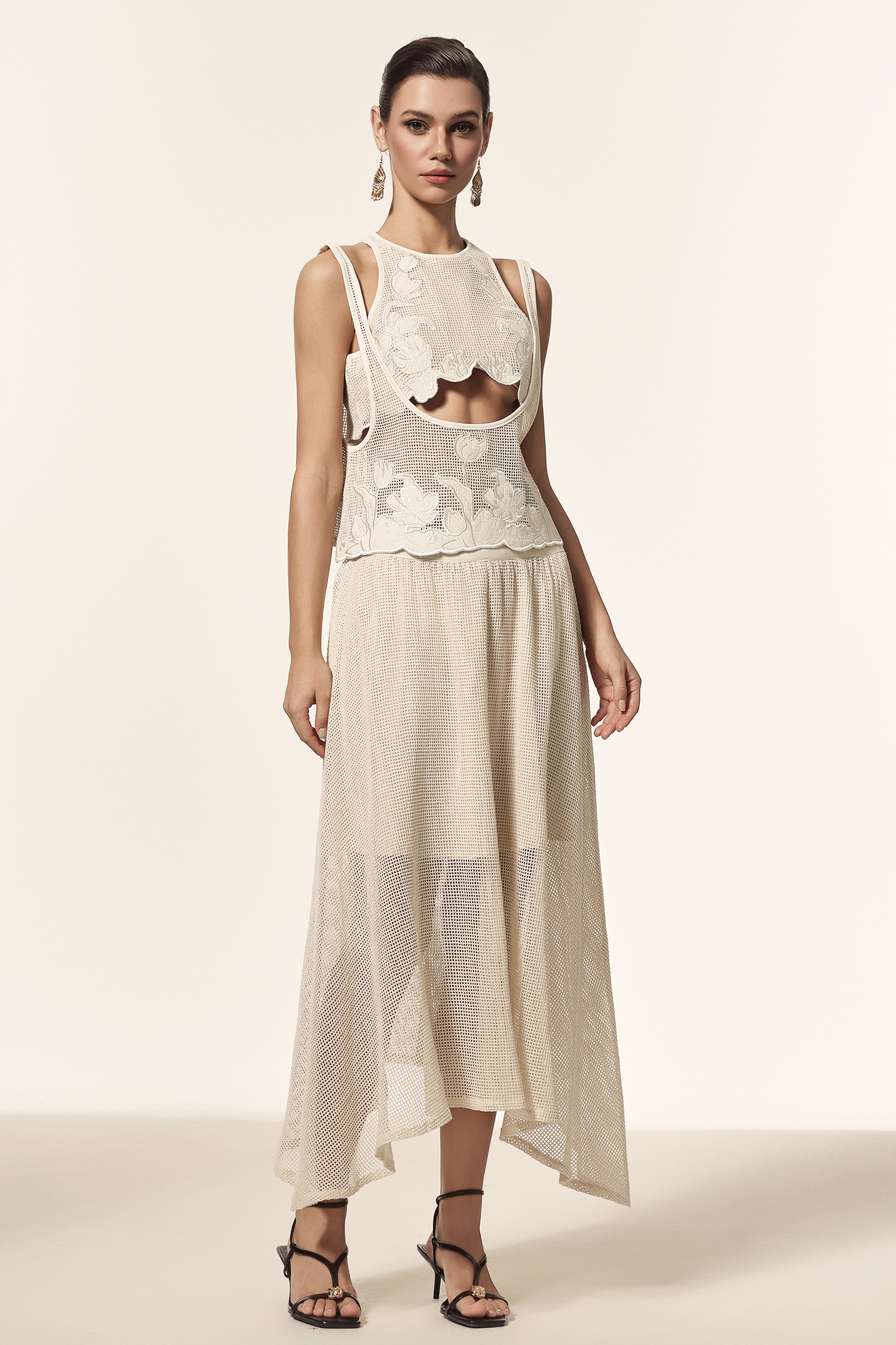 Kandiss Round Neck Sleeveless Hollow Out Jacquard Three-Piece Set