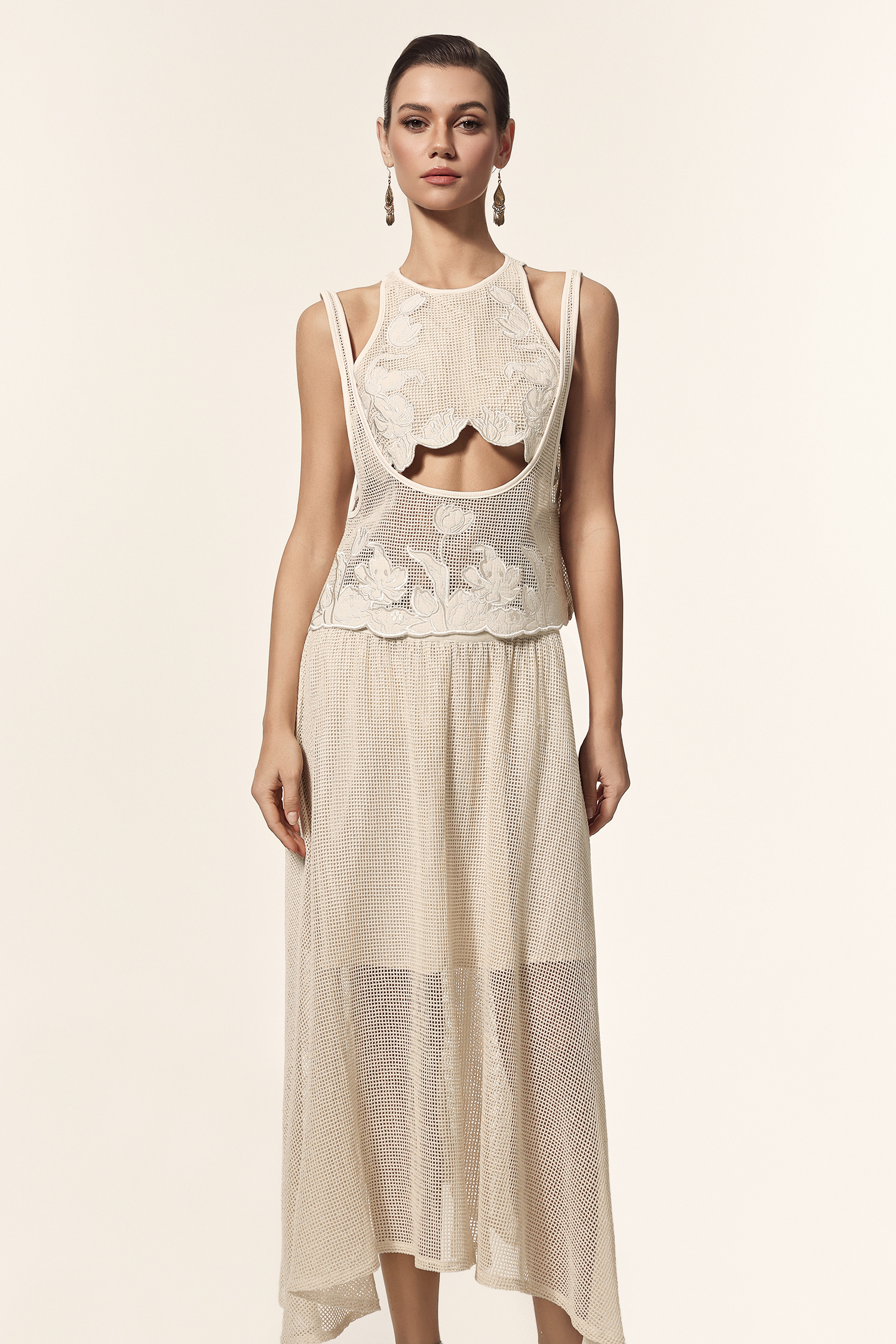 Kandiss Round Neck Sleeveless Hollow Out Jacquard Three-Piece Set