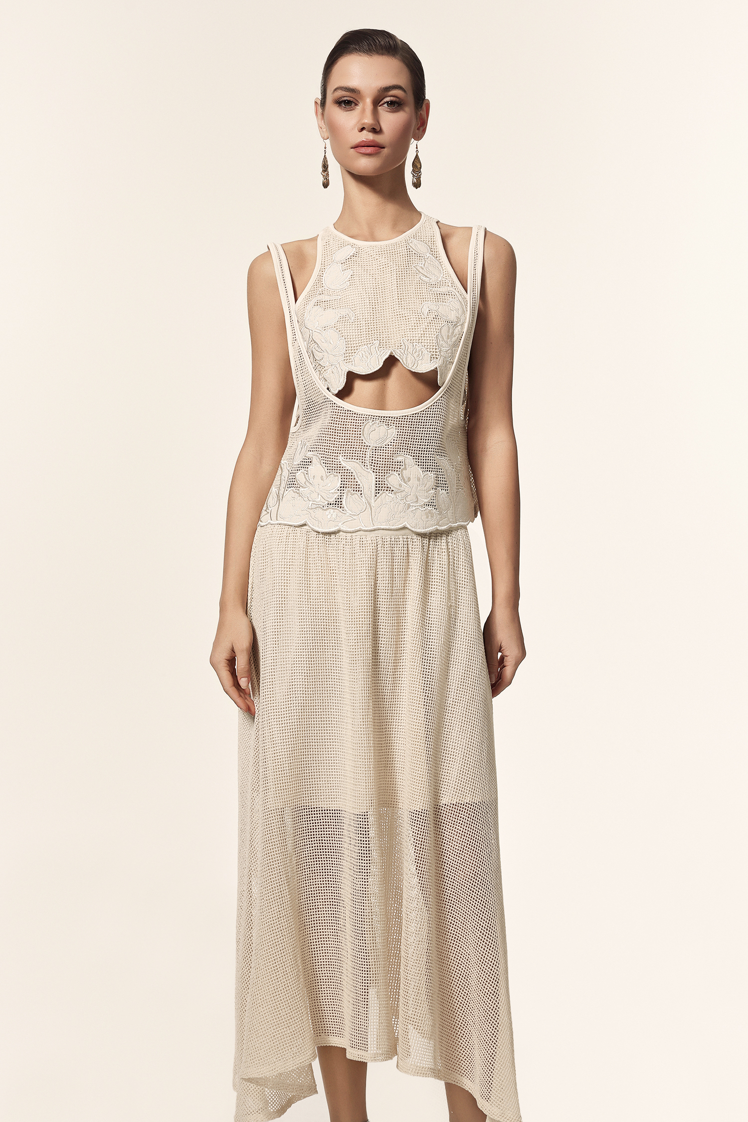 Kandiss Round Neck Sleeveless Hollow Out Jacquard Three-Piece Set