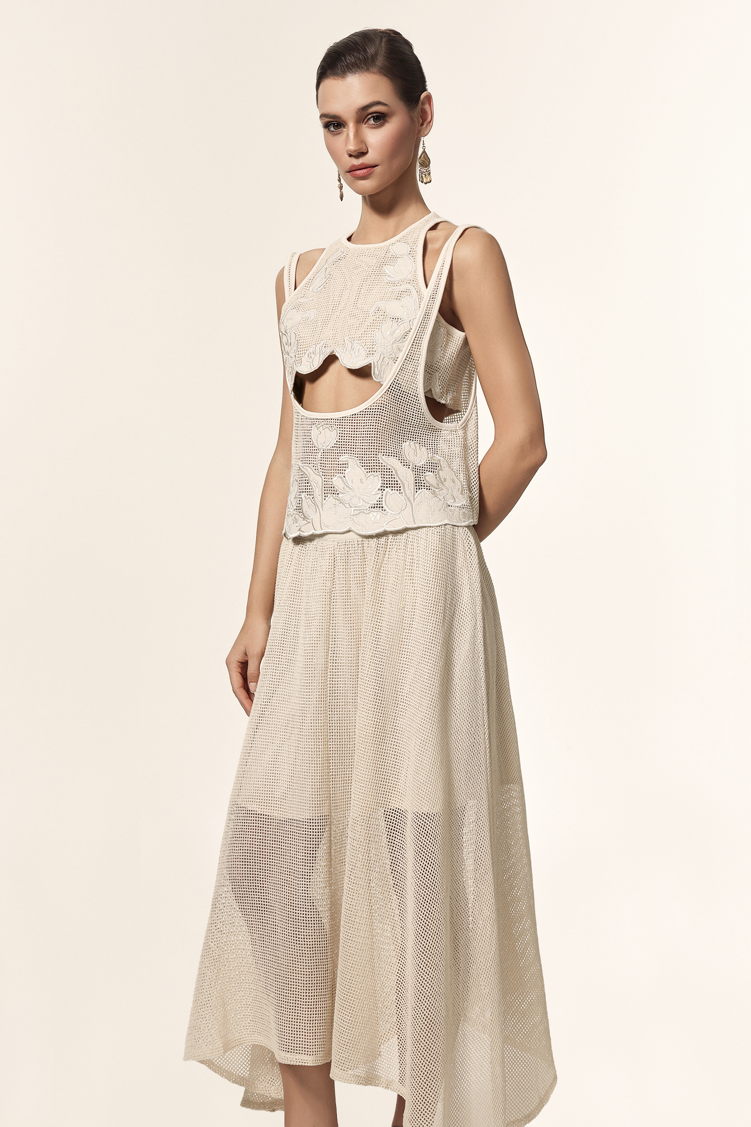 Kandiss Round Neck Sleeveless Hollow Out Jacquard Three-Piece Set