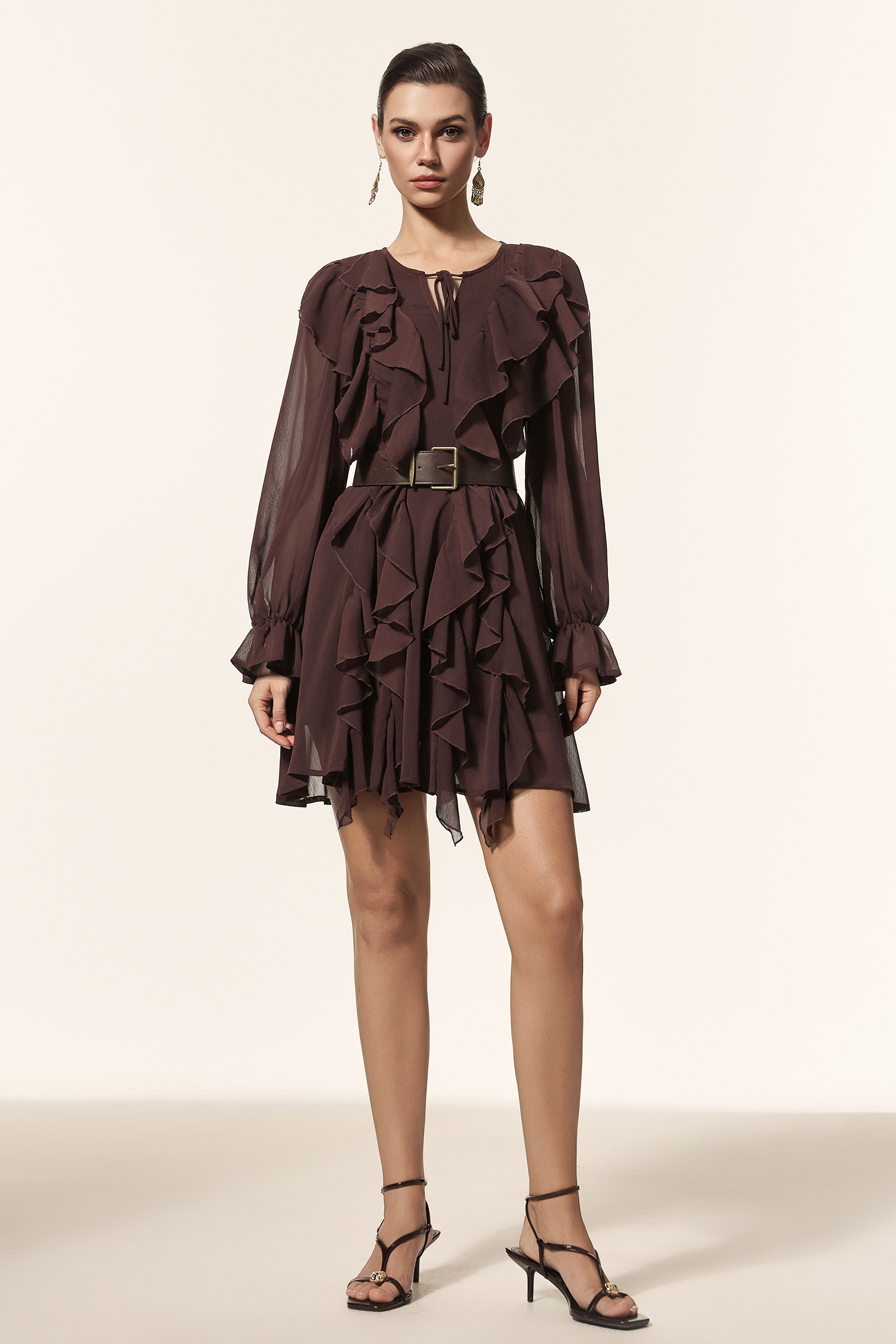 Kavaza Round Neck Long Sleeves Folds Mini Dress