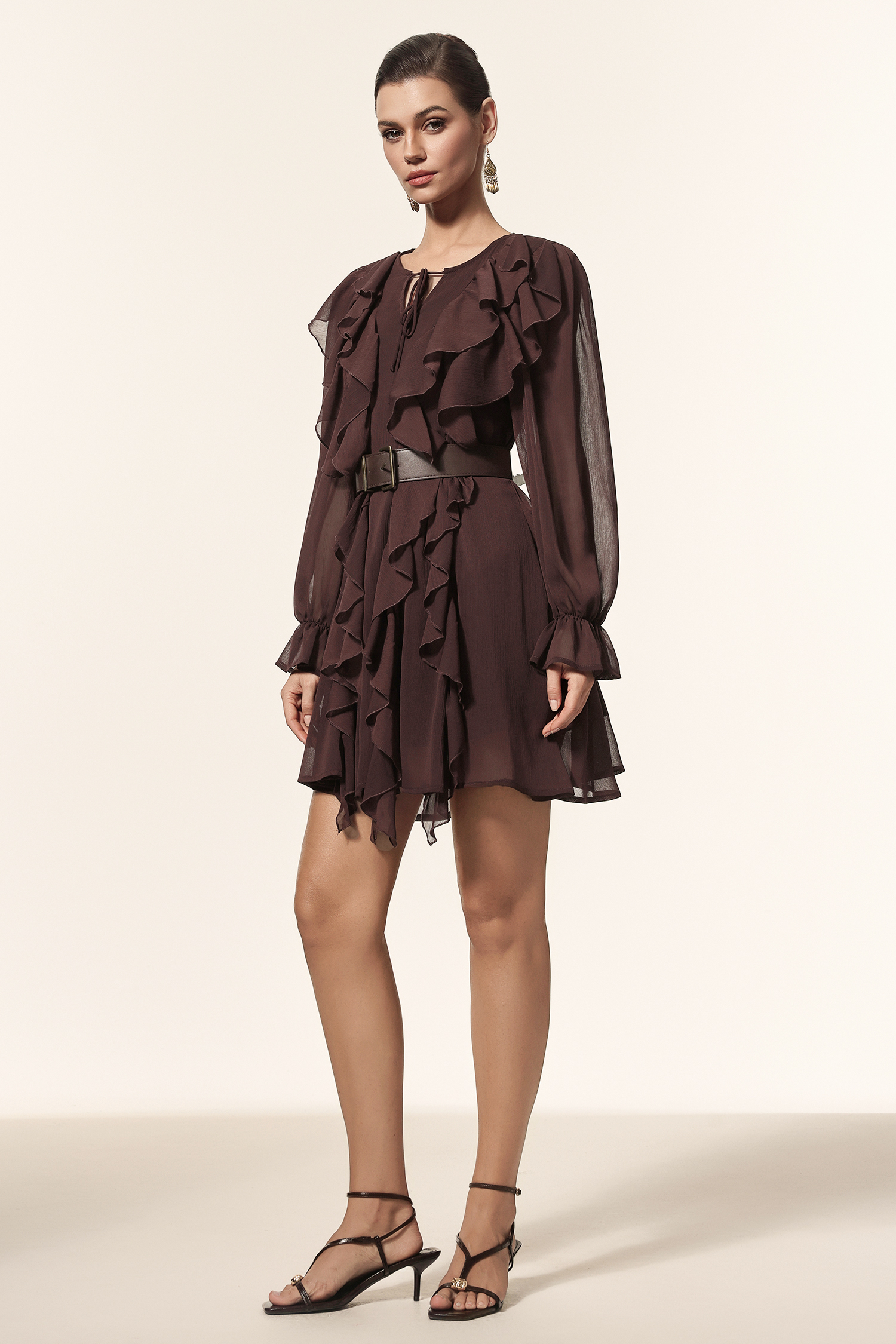 Kavaza Round Neck Long Sleeves Folds Mini Dress