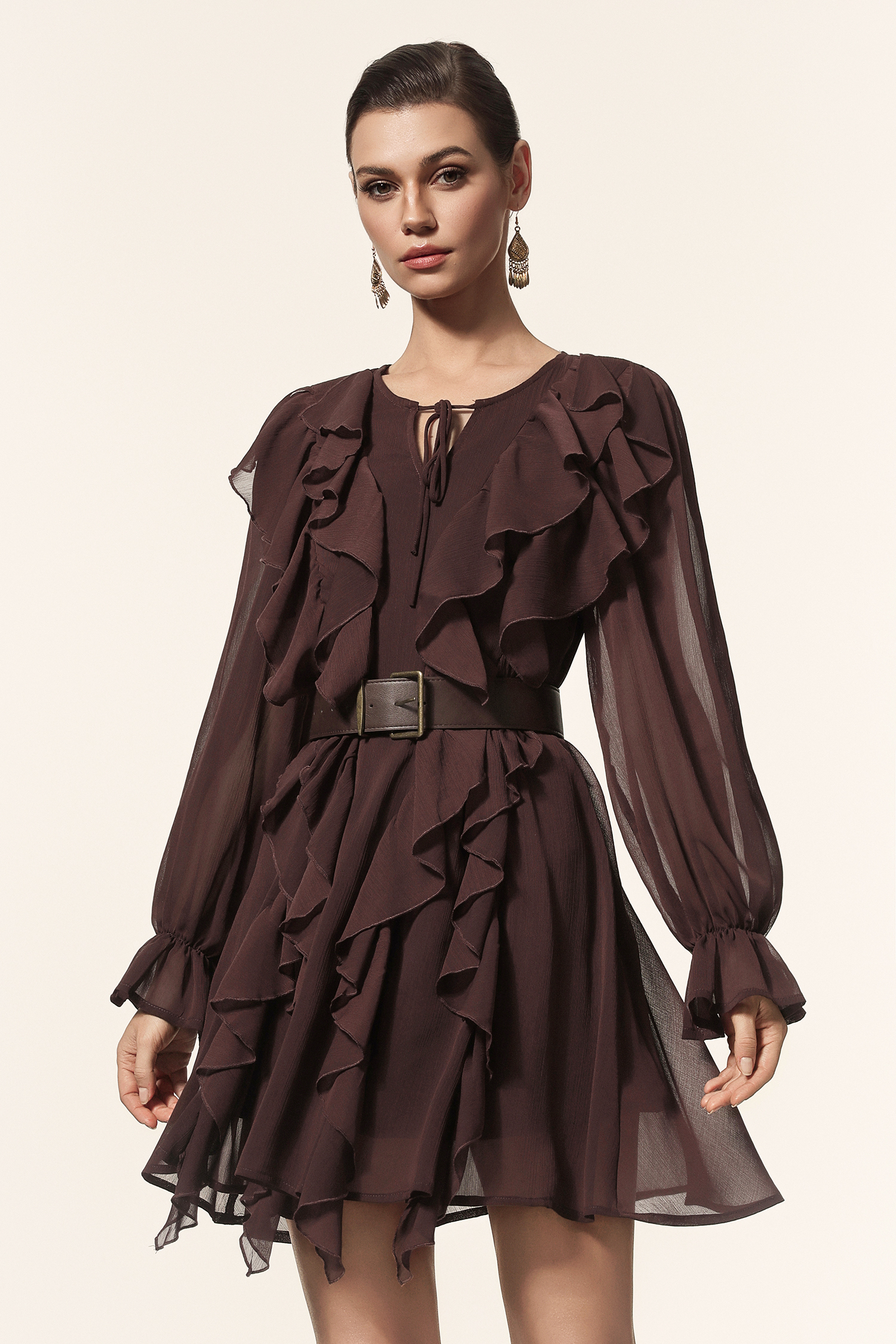 Kavaza Round Neck Long Sleeves Folds Mini Dress