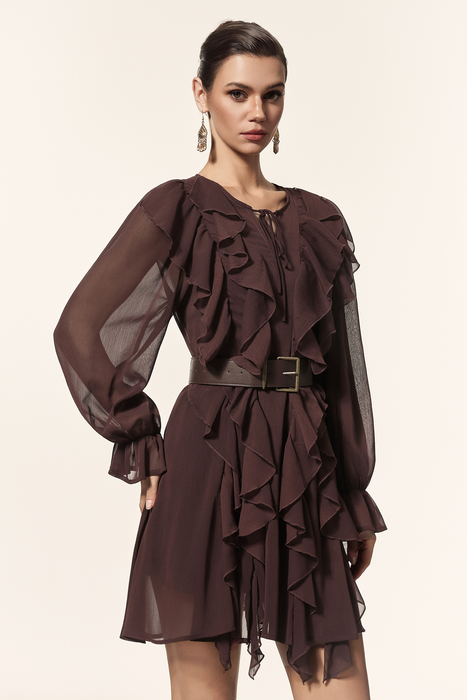 Kavaza Round Neck Long Sleeves Folds Mini Dress