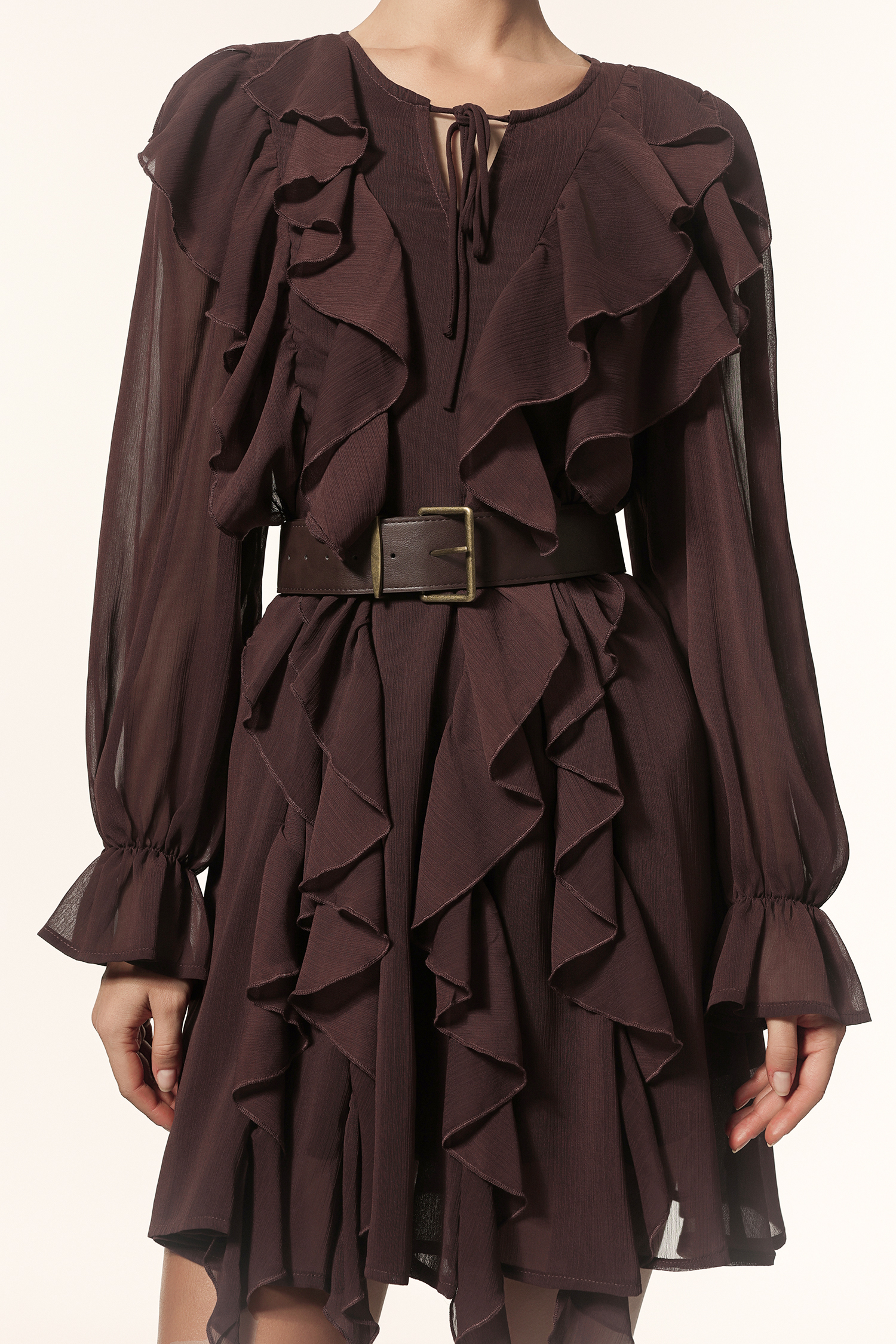 Kavaza Round Neck Long Sleeves Folds Mini Dress