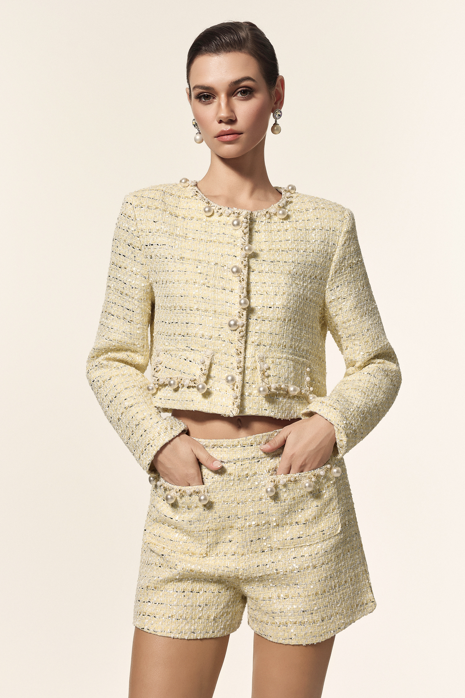 Giela Round Neck Long Sleeves Pearl Top And Shorts Two-Piece Set