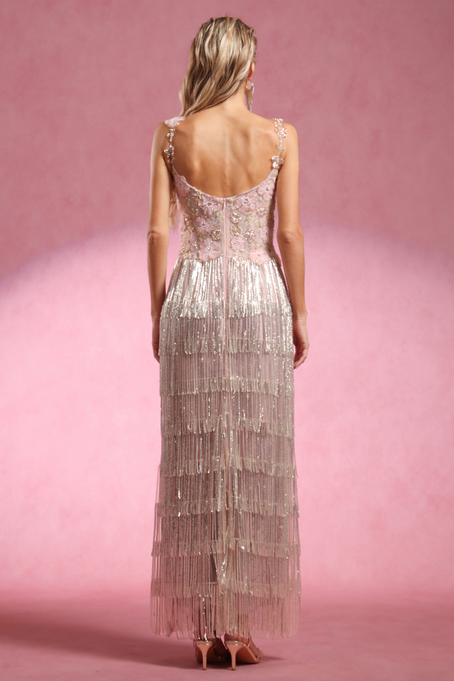 Opala Sleeveless Flowers Diamond Tassels Maxi Dress