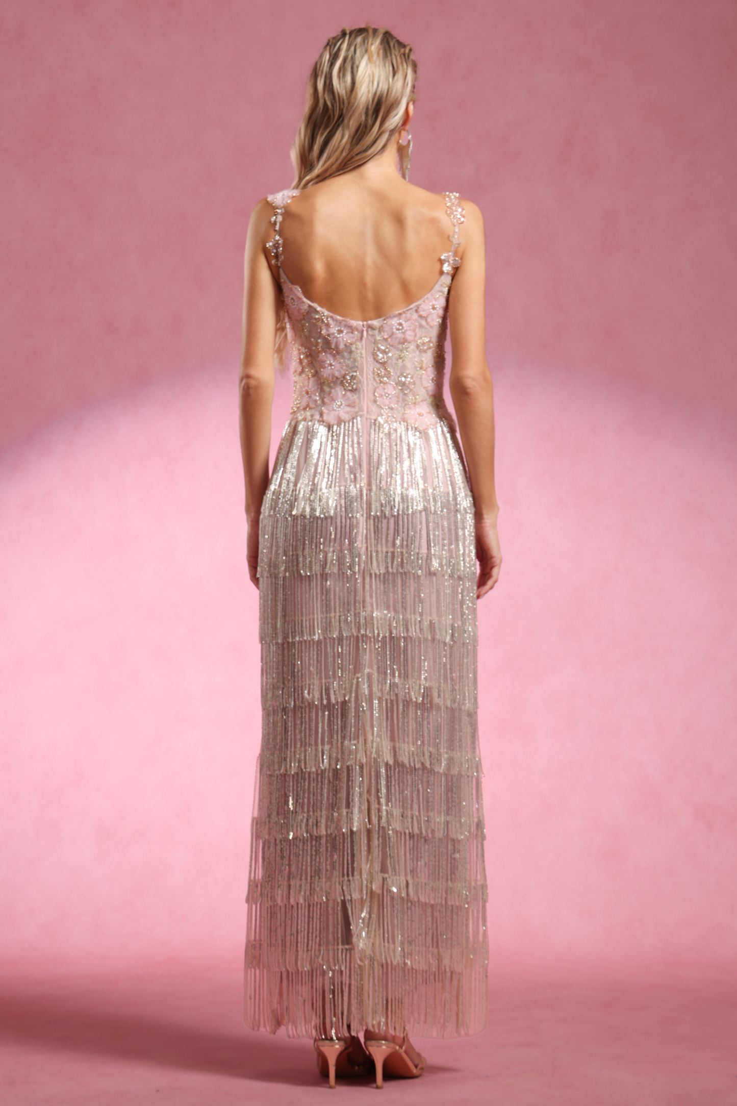 Opala Sleeveless Flowers Diamond Tassels Maxi Dress