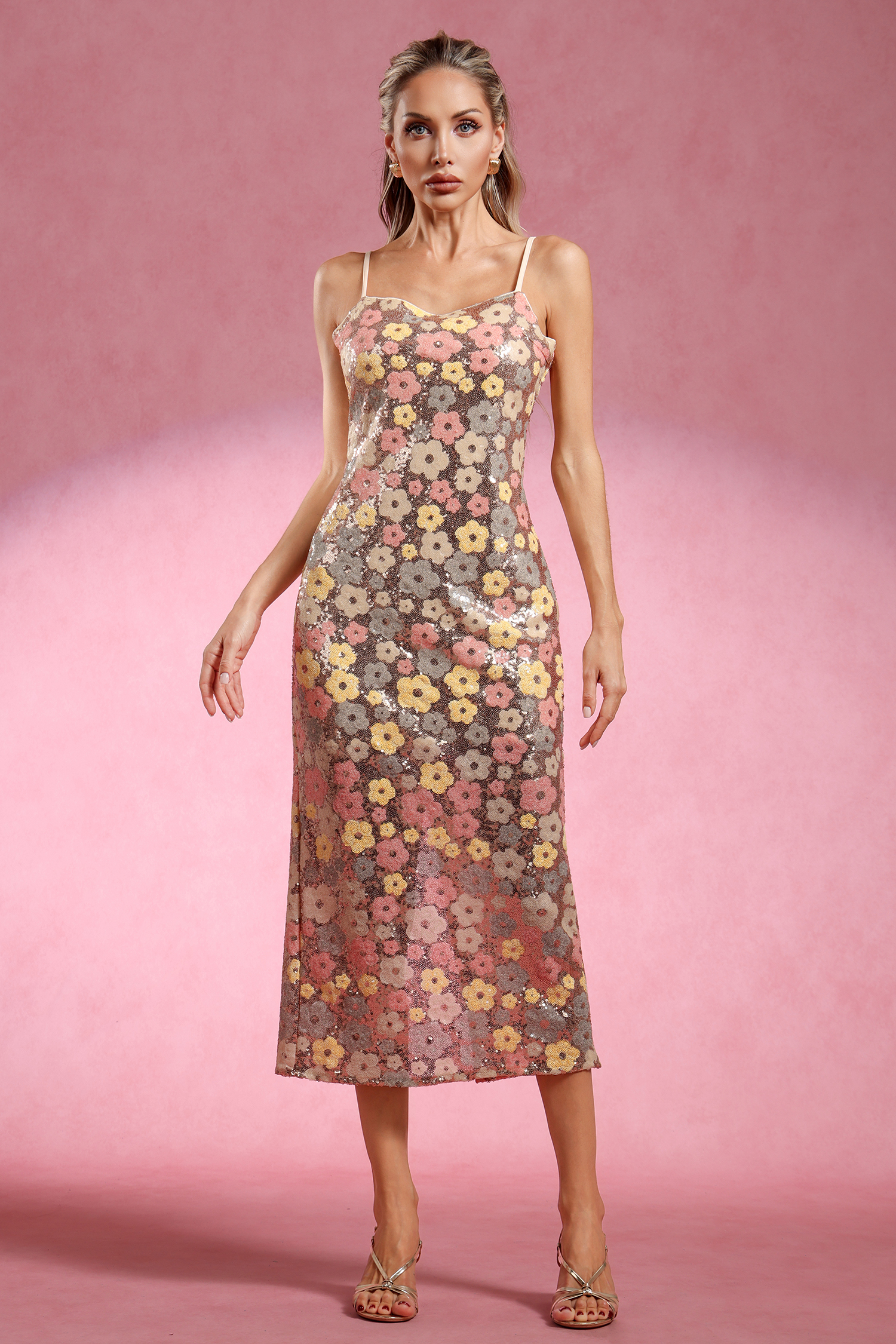 Kyli Sleeveless Flowers Sequin Maxi Dress